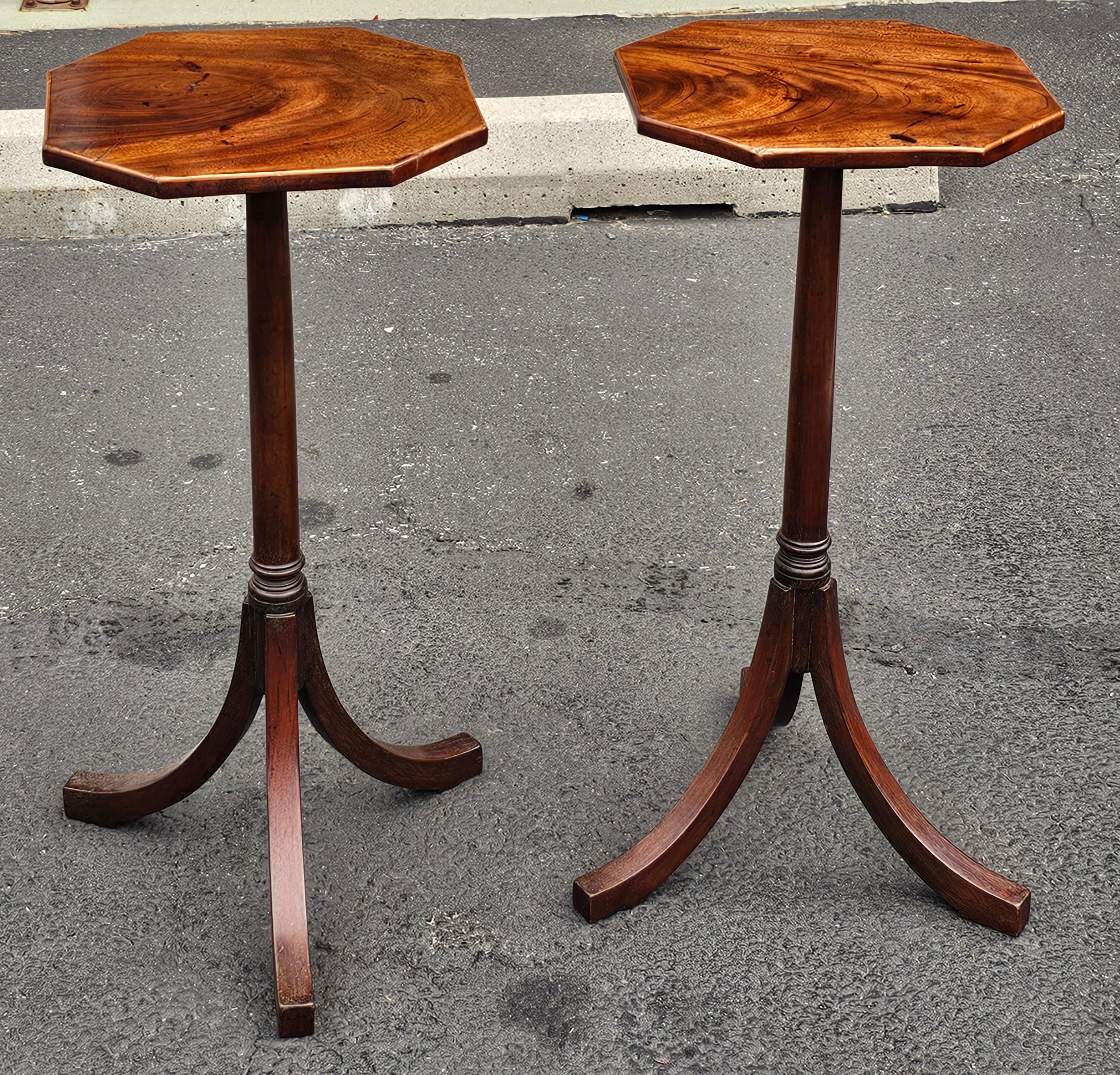 Stained Pair of George III Style Mahogany Octagonal Top Tripod Wine Tables Candle Stands For Sale
