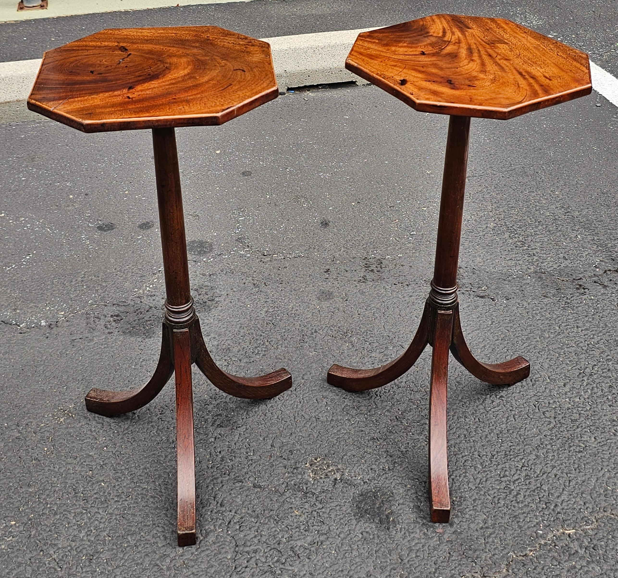 Pair of George III Style Mahogany Octagonal Top Tripod Wine Tables Candle Stands For Sale 1