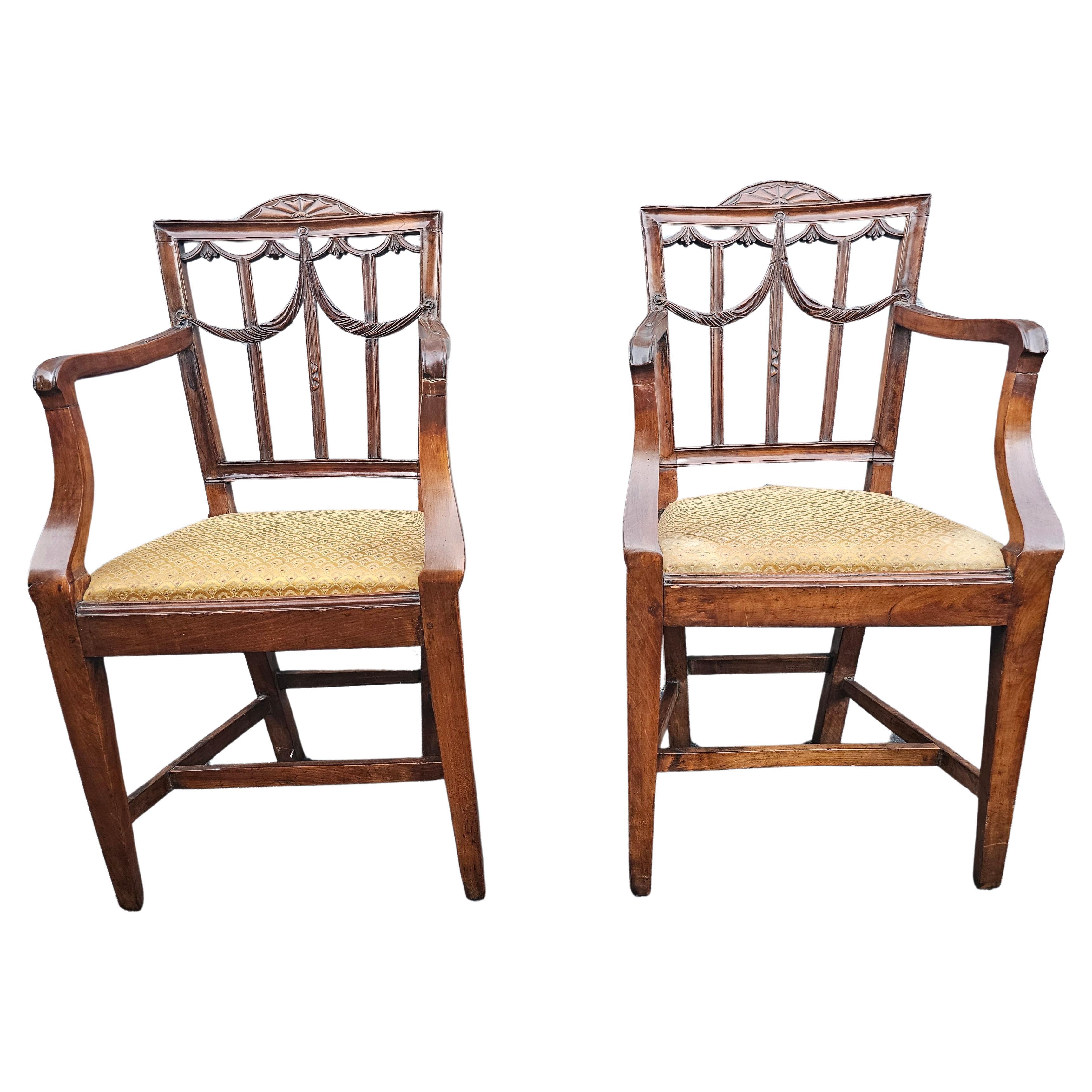 Pair 18th Century George III Style Mixed Wood Upholstered Shield Back Armchairs For Sale 4
