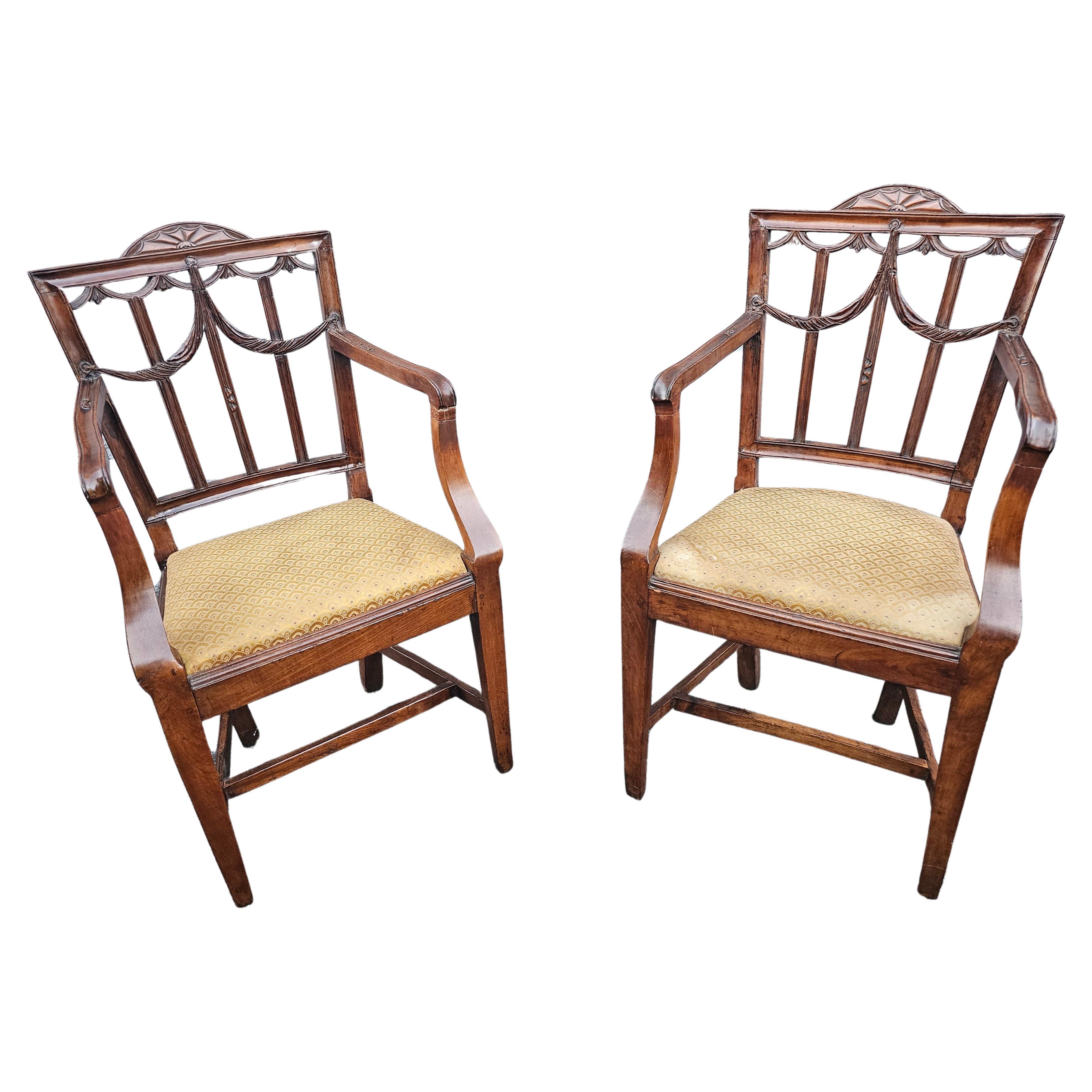 Pair 18th Century George III Style Mixed Wood Upholstered Shield Back Armchairs For Sale 5