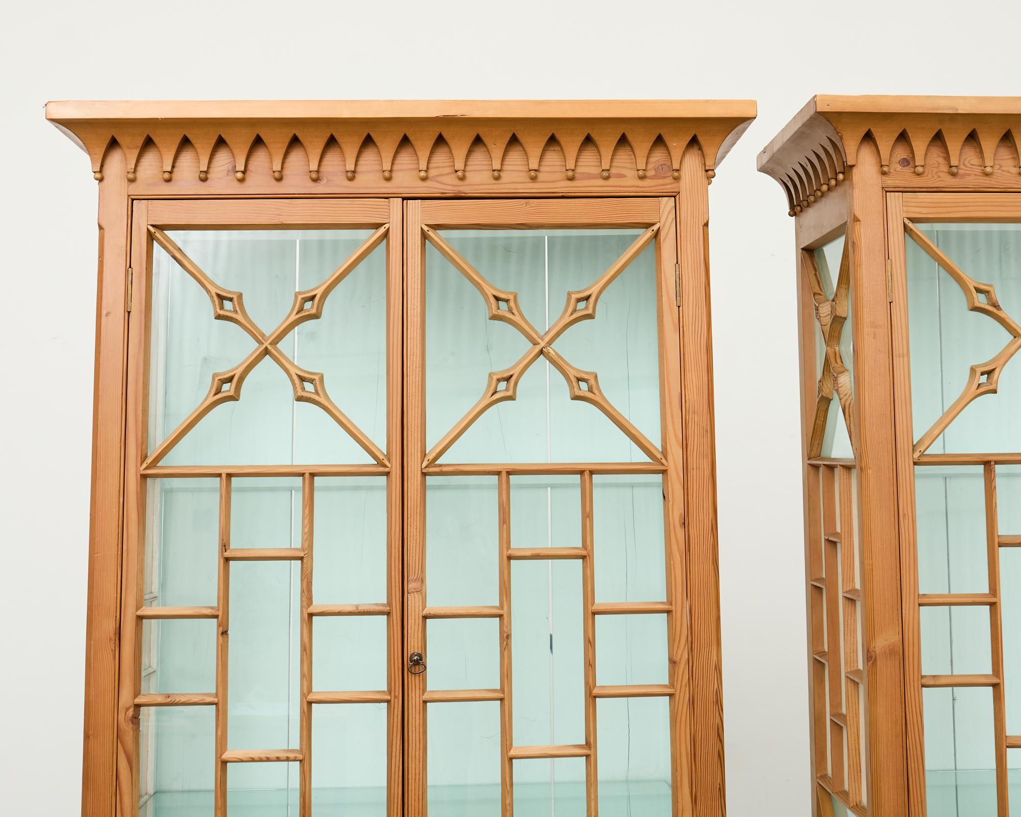 Glass Pair of George III Style Pine Chinese Chippendale Bookcases For Sale