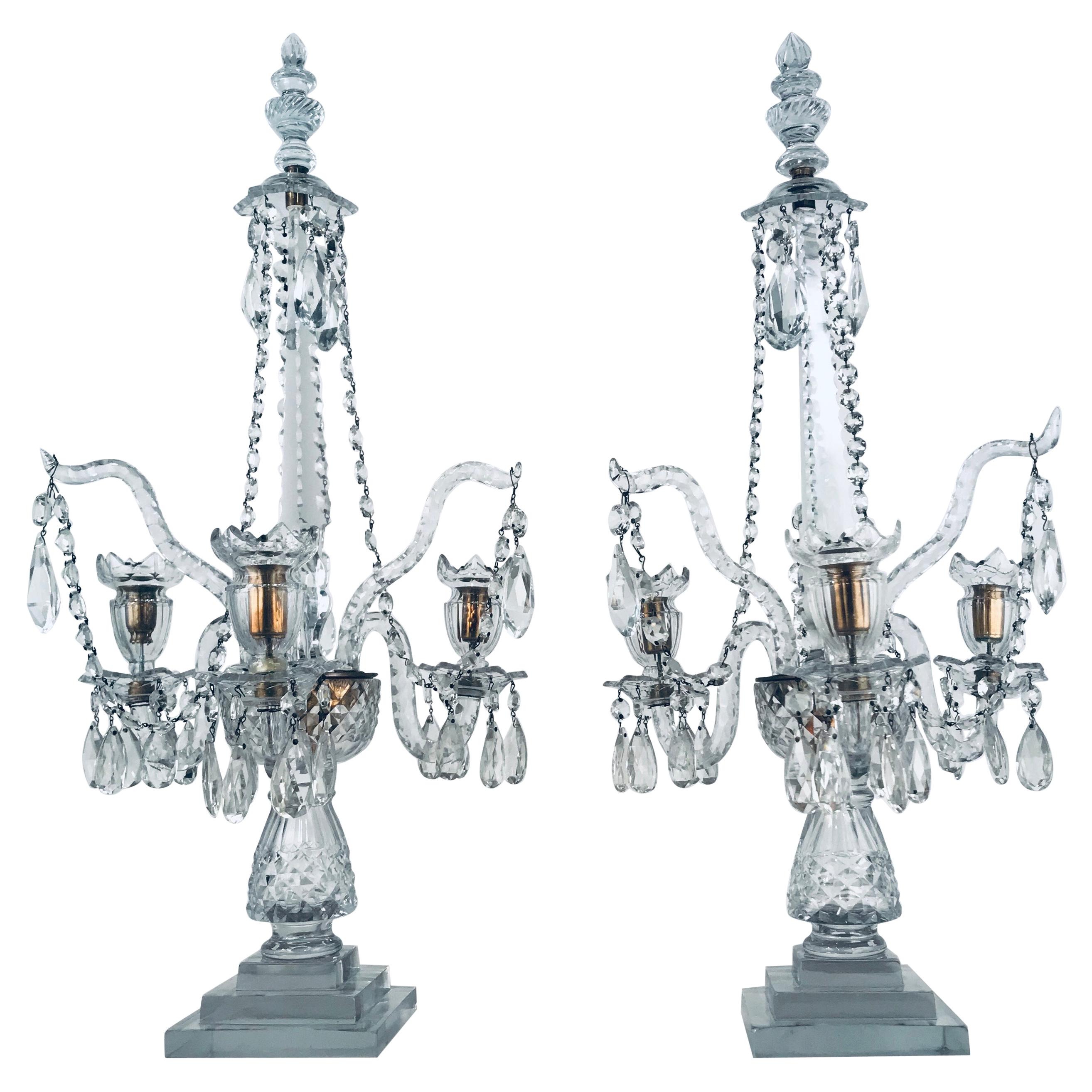 A Pair of George III Three-Light  Cut Lead Crystal Girandoles/Candelabra