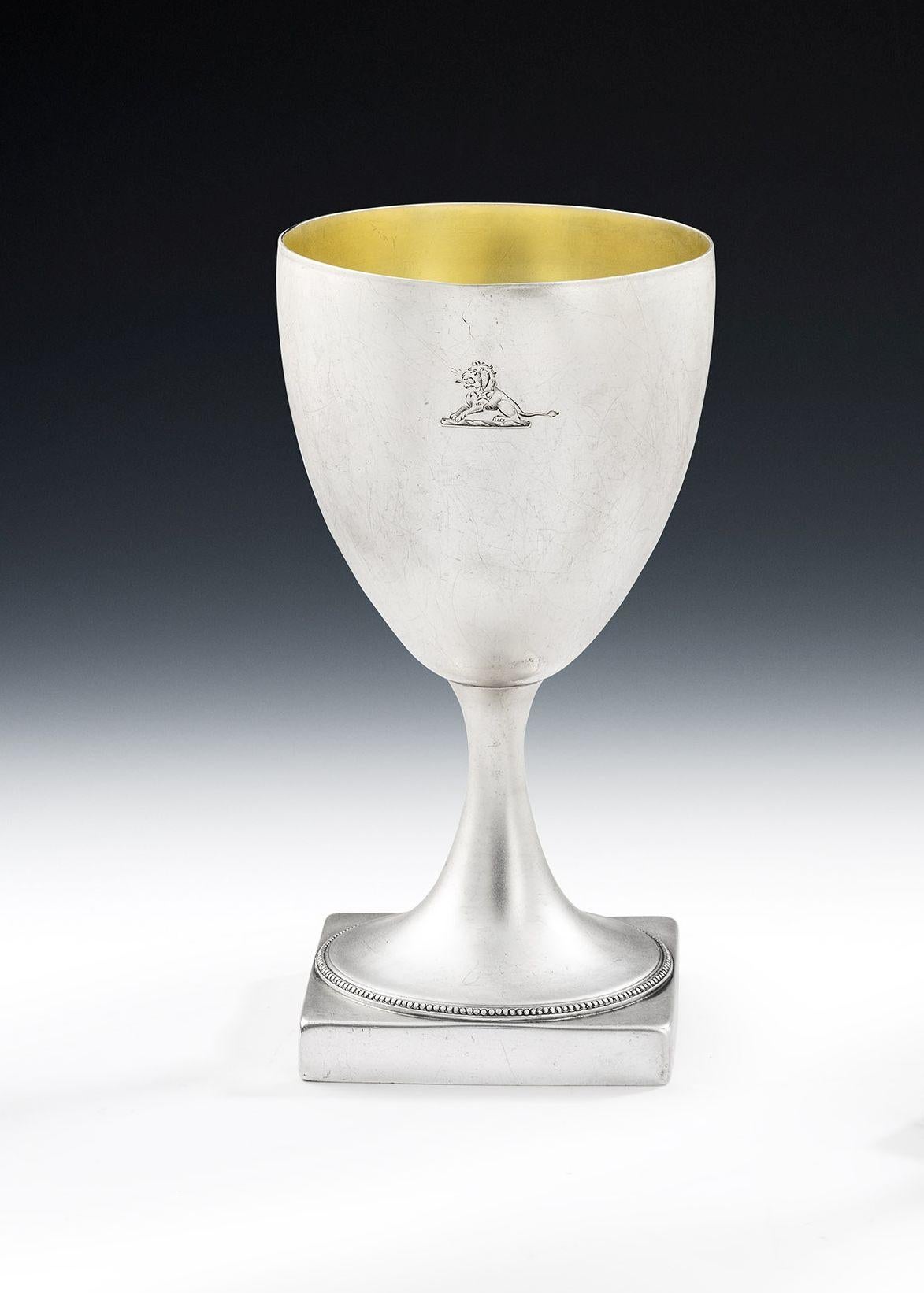 Hester Bateman. A Very Rare Pair of George III Wine Goblets Made in London in 1788 by Hester Bateman.

Each Goblet stands on a square pedestal foot decorated with a circular beaded band.  The Classical vase shaped main body is engraved with a