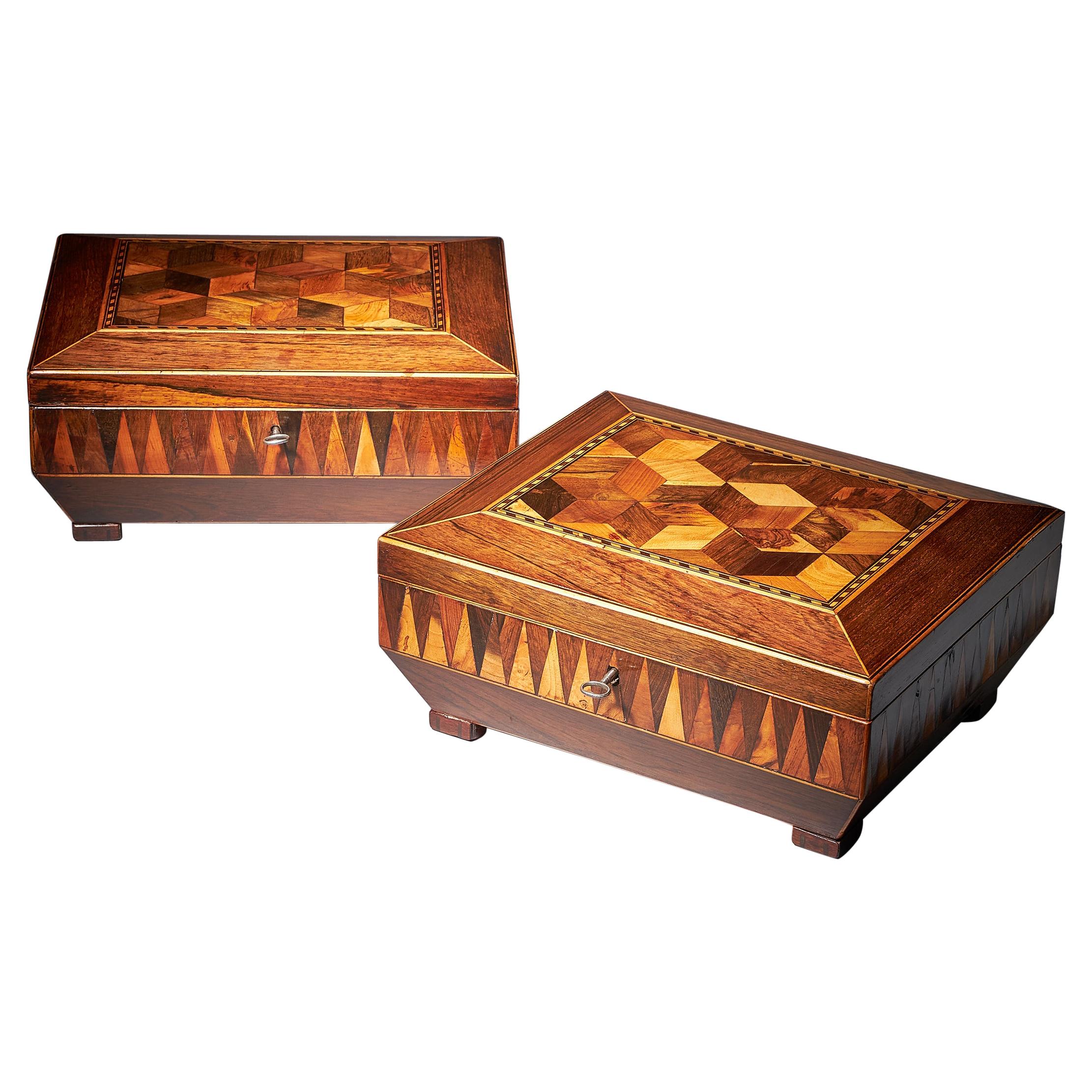 Pair of George IV Regency Specimen Wood Parquetry Boxes of Sarcophagus Shape