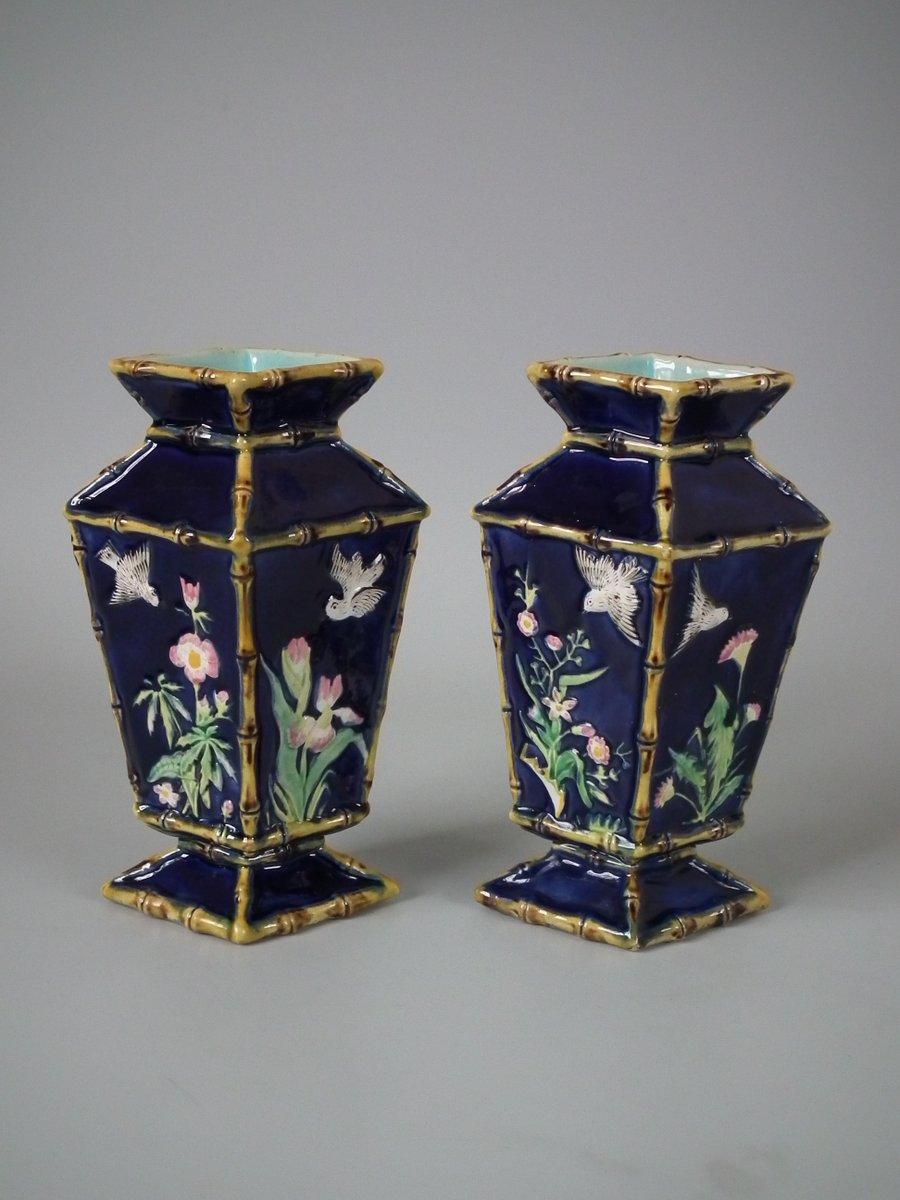 Pair of George Jones Majolica Diamond Shaped Vases 3