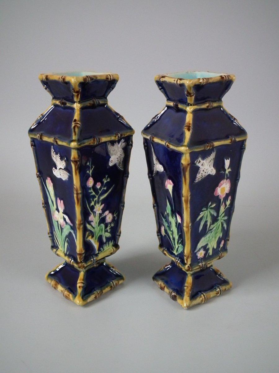 Pair of George Jones Majolica Diamond Shaped Vases 4