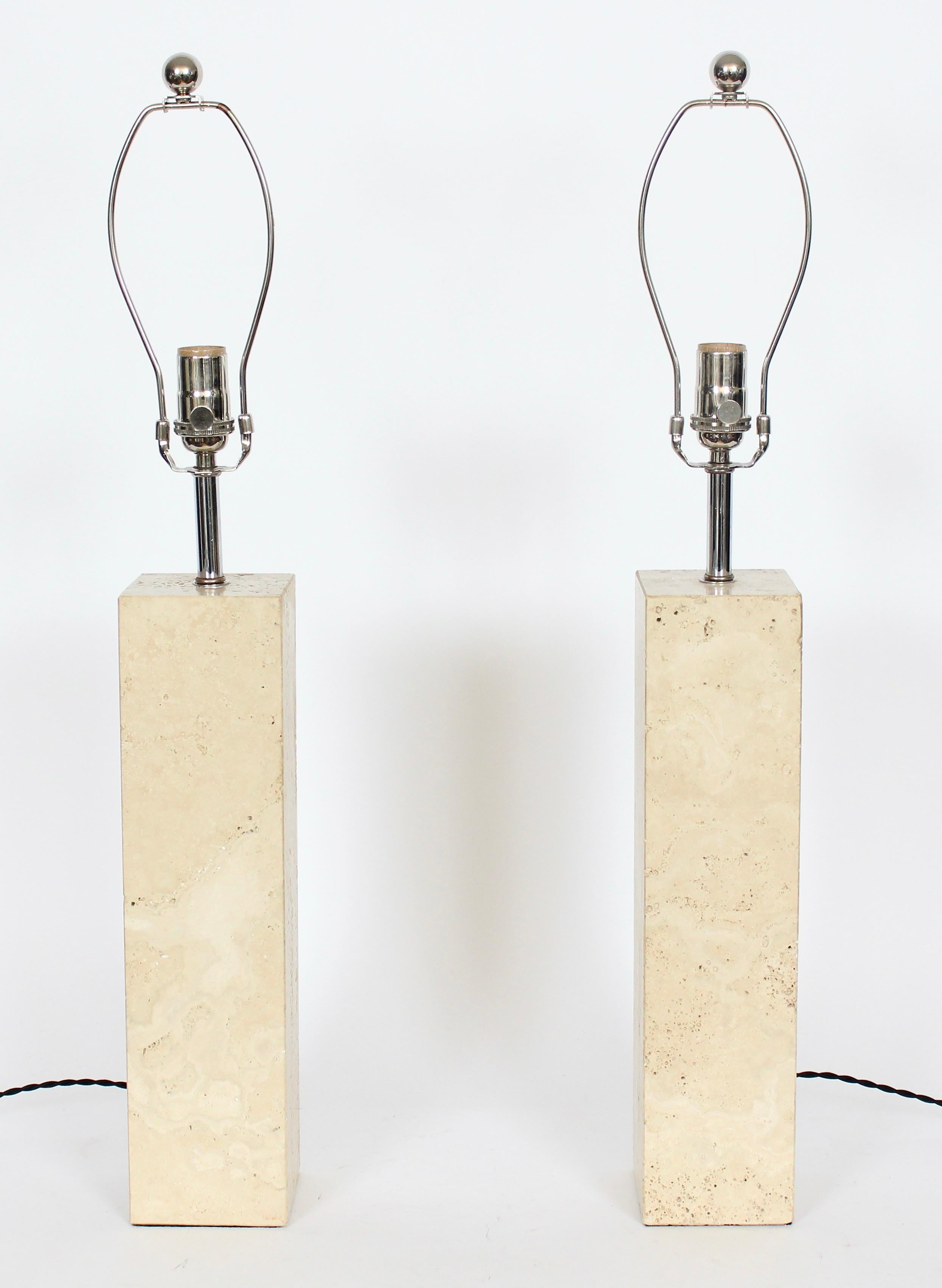 Modern Pair of George Kovacs Solid Travertine Table Lamps, 1970's