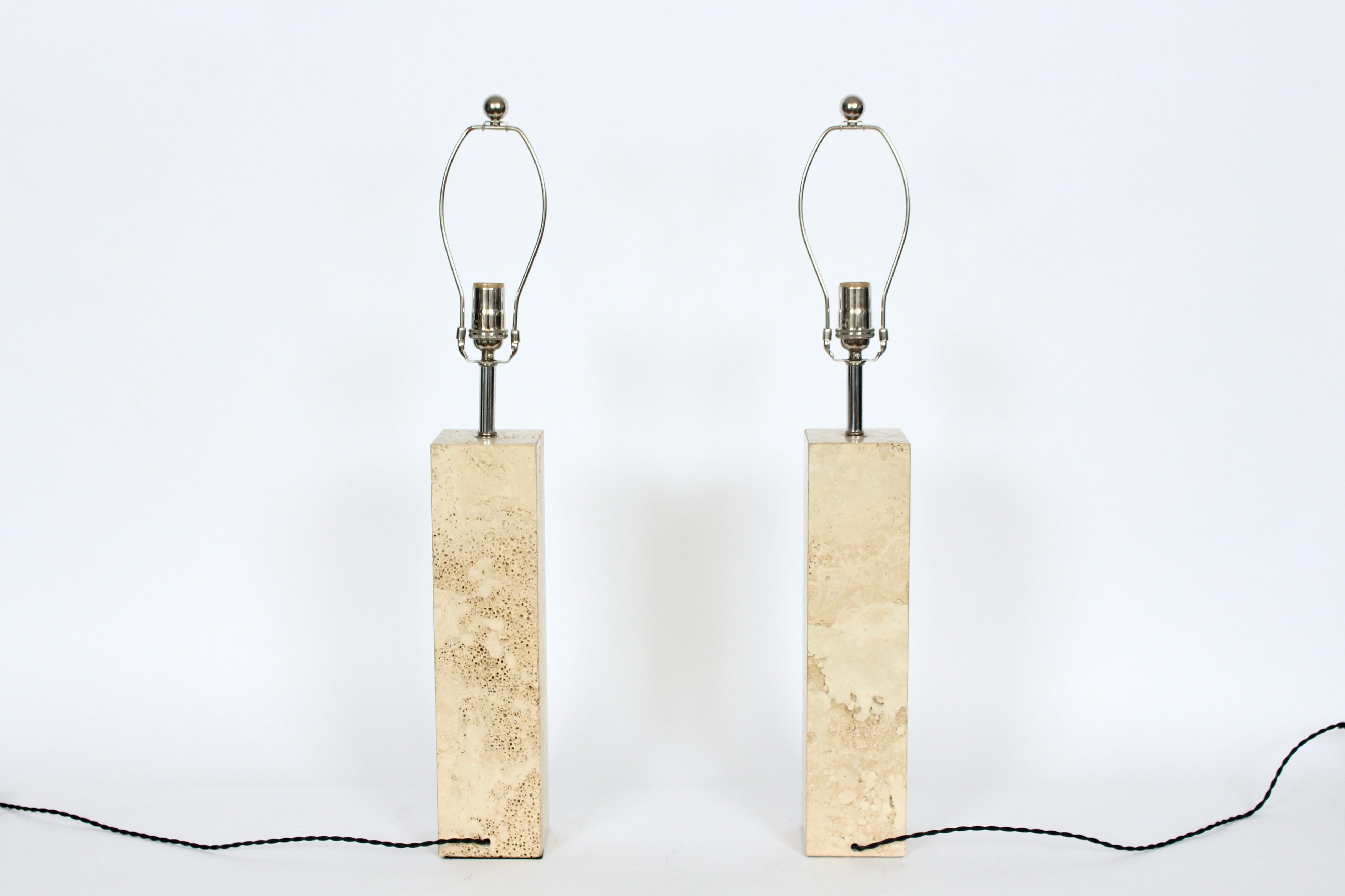 Pair of George Kovacs Solid Travertine Table Lamps, 1970's In Good Condition In Bainbridge, NY