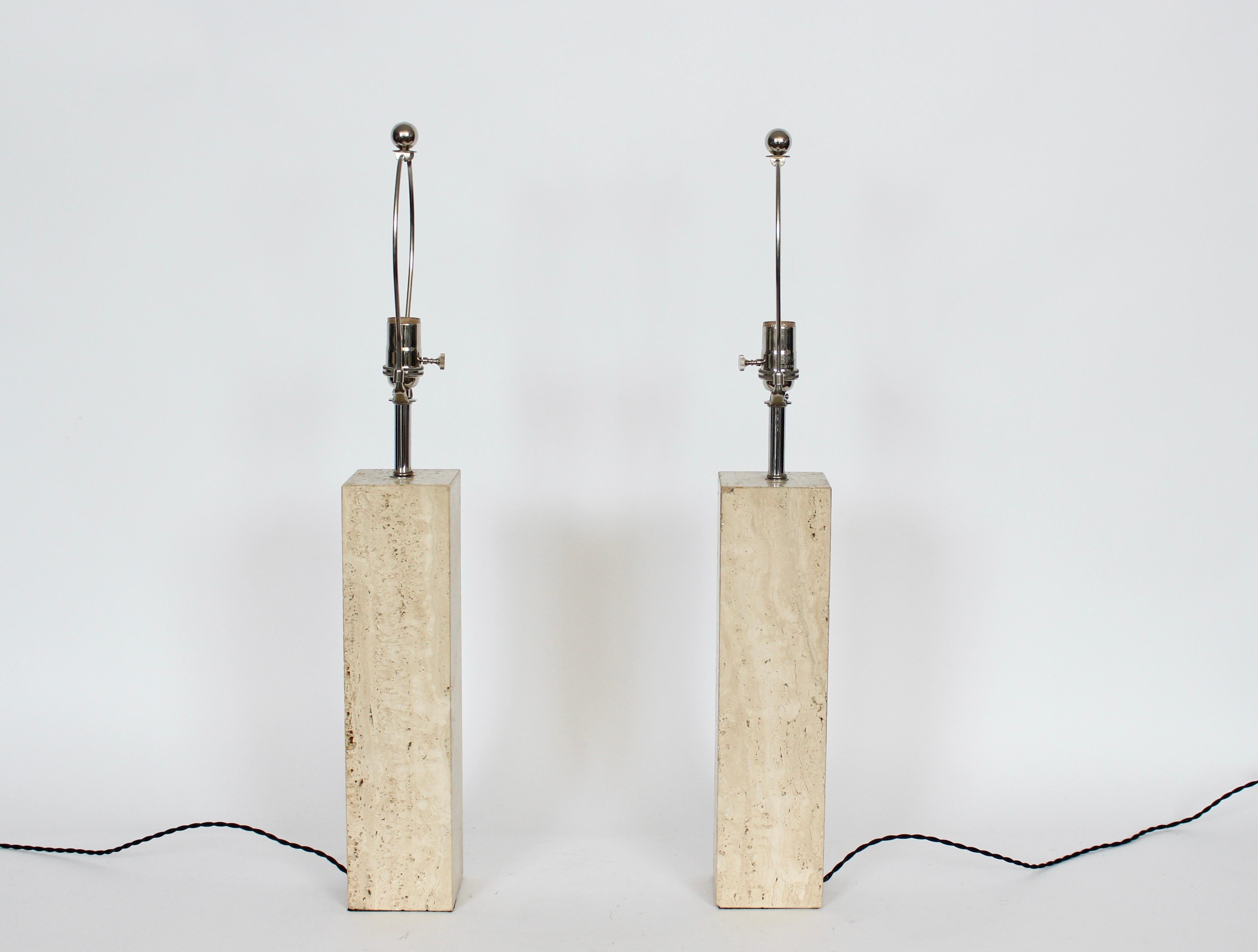 Chrome Pair of George Kovacs Solid Travertine Table Lamps, 1970's