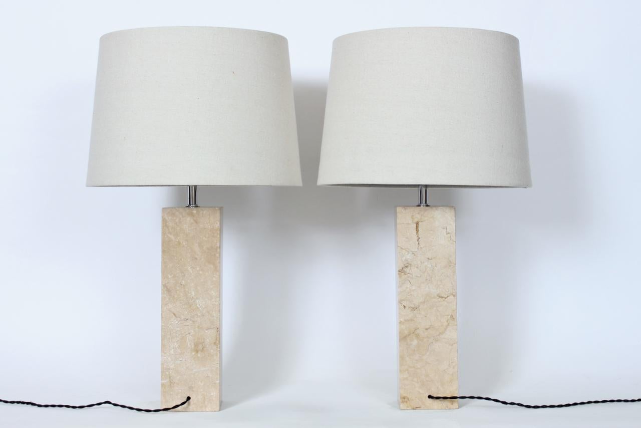 Modern Pair of George Kovacs Tan Solid Travertine Table Lamps, 1970's For Sale
