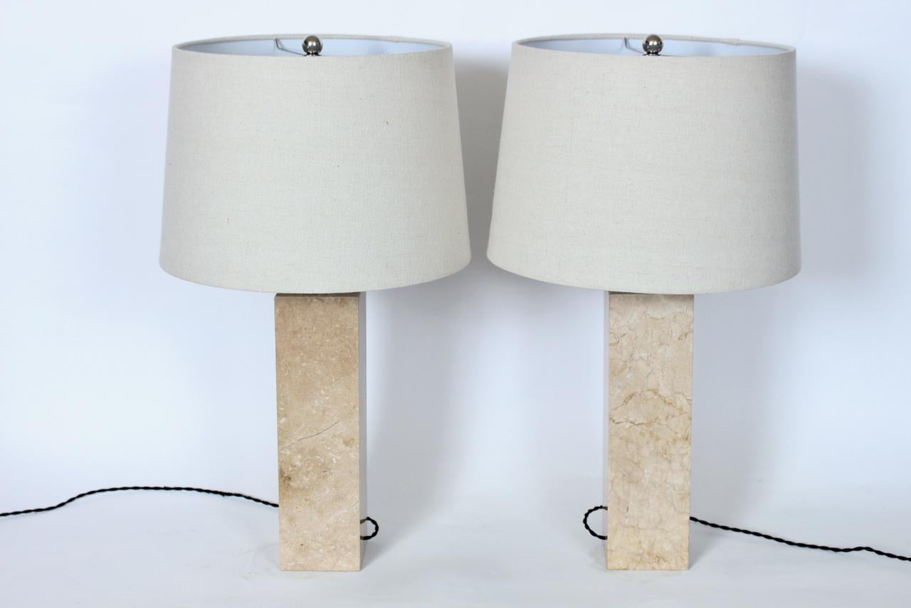 American Pair of George Kovacs Tan Solid Travertine Table Lamps, 1970's For Sale