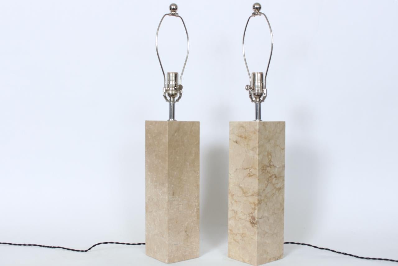 Pair of George Kovacs Beige Solid Travertine Table Lamps, 1970's In Good Condition For Sale In Bainbridge, NY