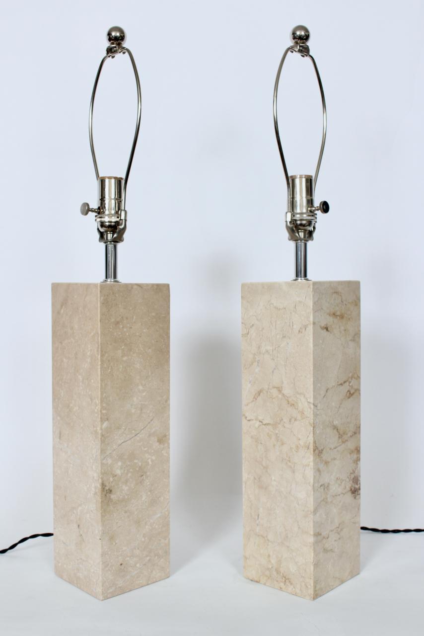 Late 20th Century Pair of George Kovacs Tan Solid Travertine Table Lamps, 1970's For Sale