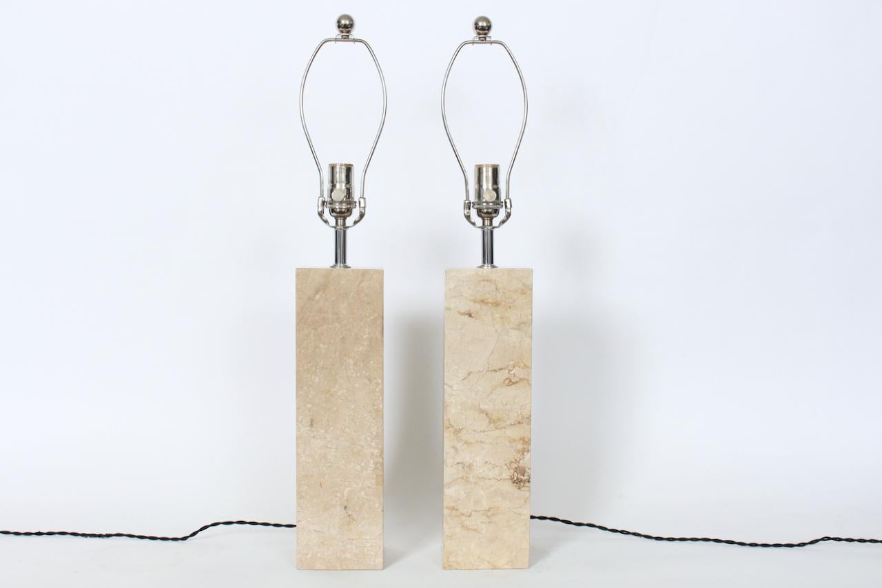 Chrome Pair of George Kovacs Beige Solid Travertine Table Lamps, 1970's For Sale