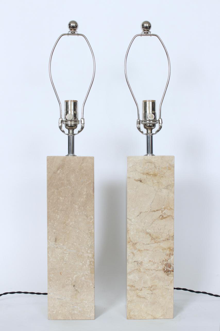 Pair of George Kovacs Beige Solid Travertine Table Lamps, 1970's For Sale 1