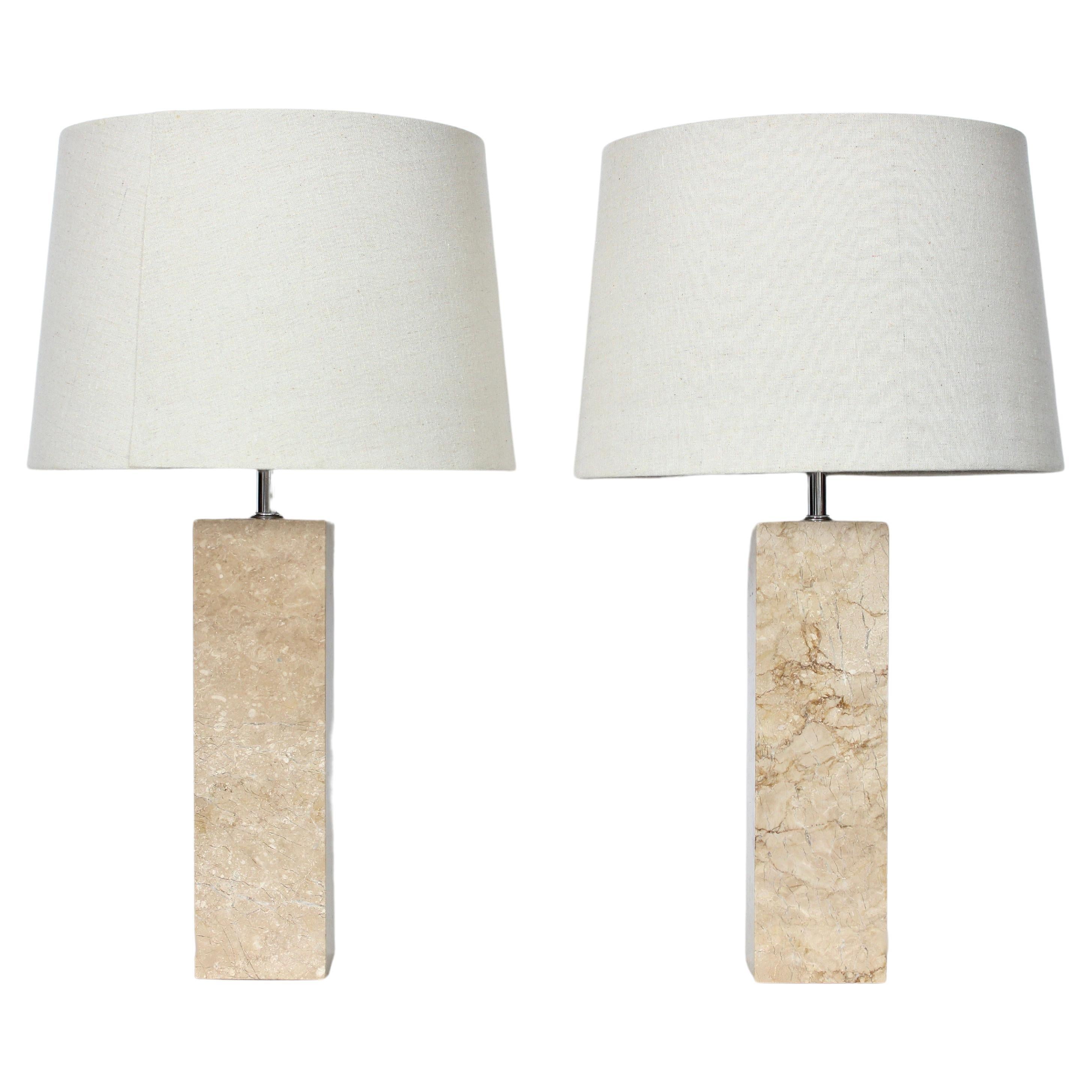 Pair of George Kovacs Beige Solid Travertine Table Lamps, 1970's
