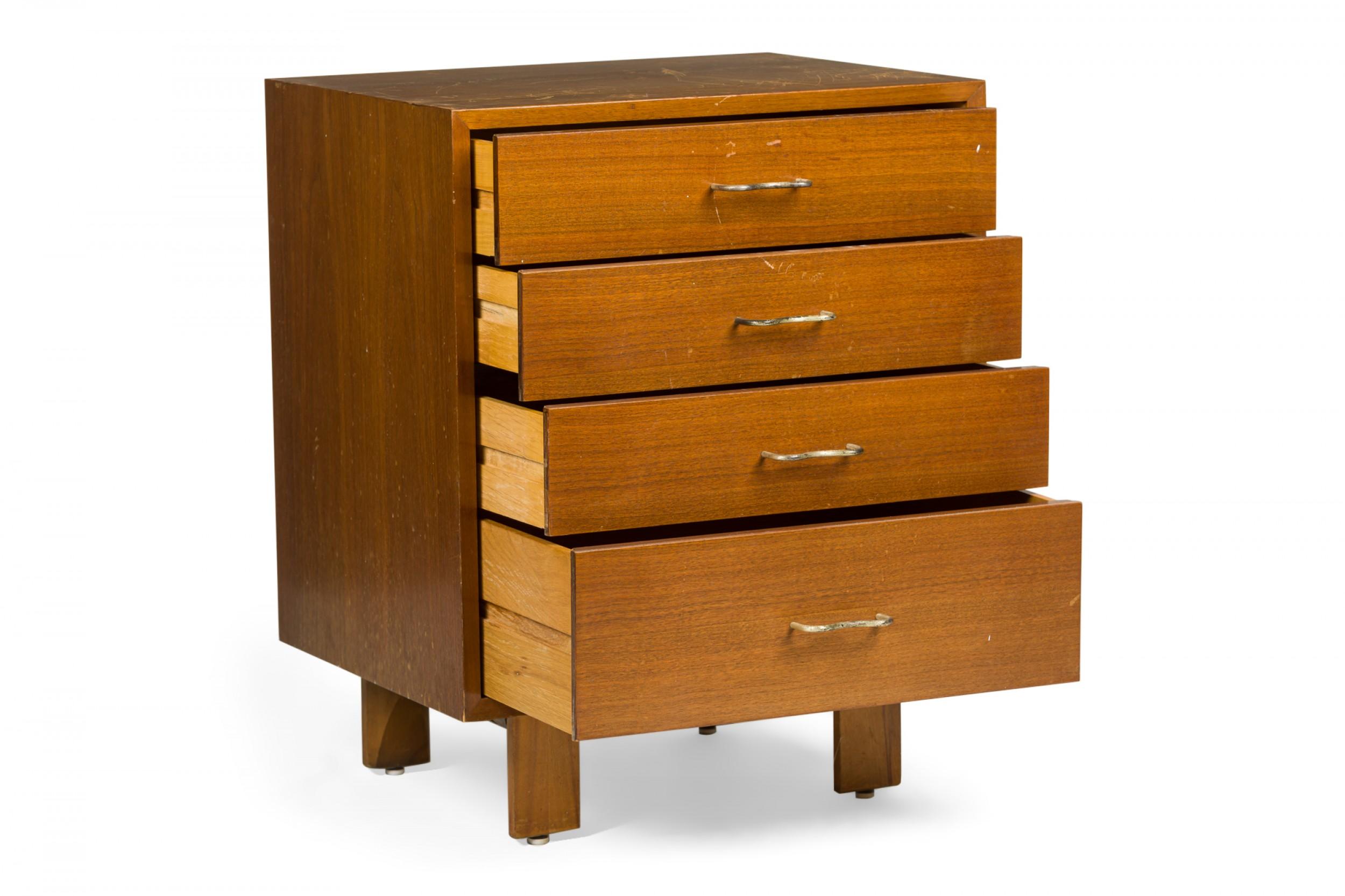 PAIR of American Mid-Century 4-drawer walnut veneer bedside tables / commodes with M-shaped silver metal handles, resting on four square wooden legs. (BCS Basic Cabinet Series, George Nelson for Herman Miller)(Priced as Pair).