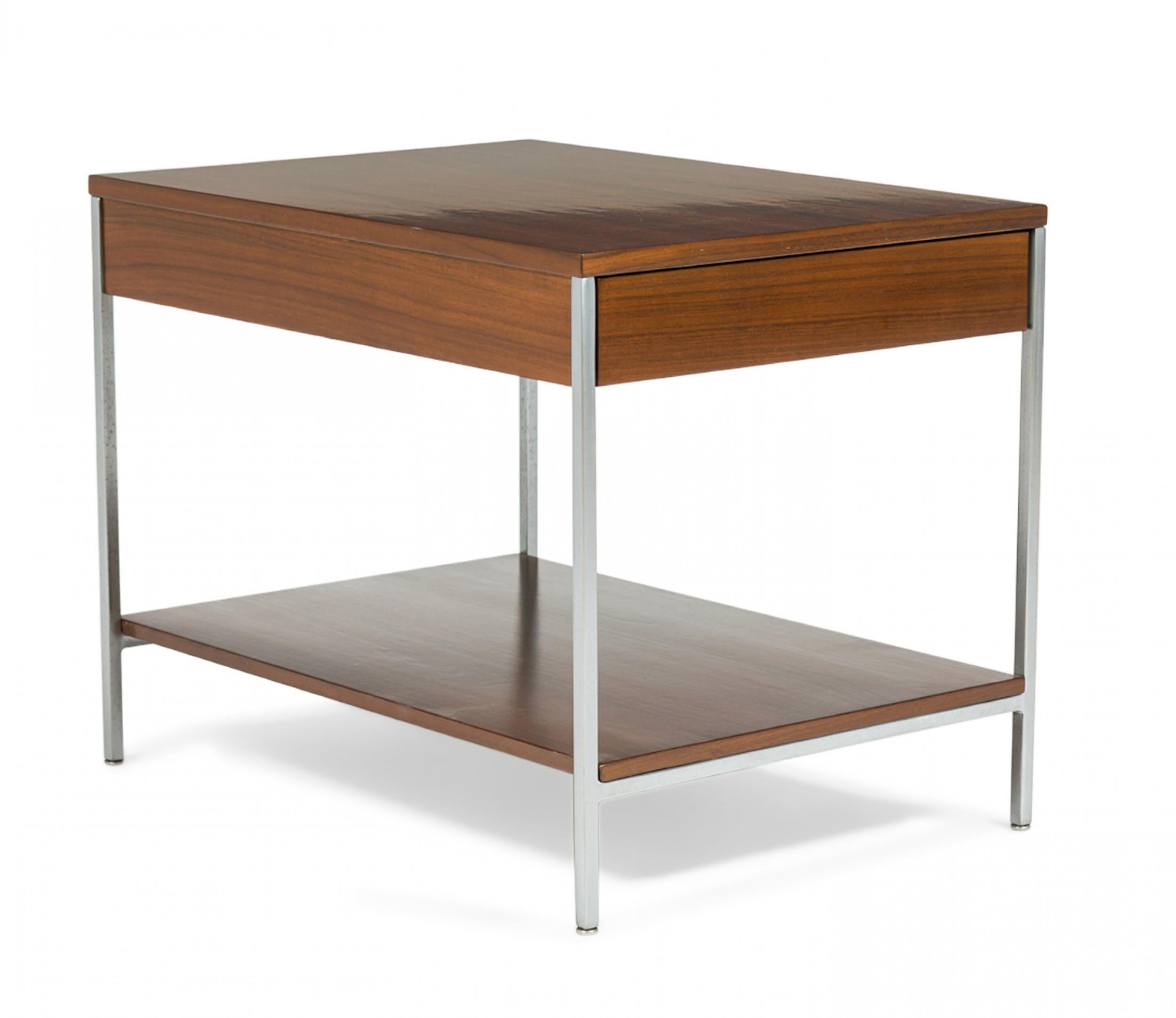 PAIR of American Mid-Century end / side tables with a walnut veneer top with single drawer and stretcher shelf, supported by four square satin chrome legs. (GEORGE NELSON FOR HERMAN MILLER)(PRICED AS PAIR)(Similar Pair: DUF0307A)