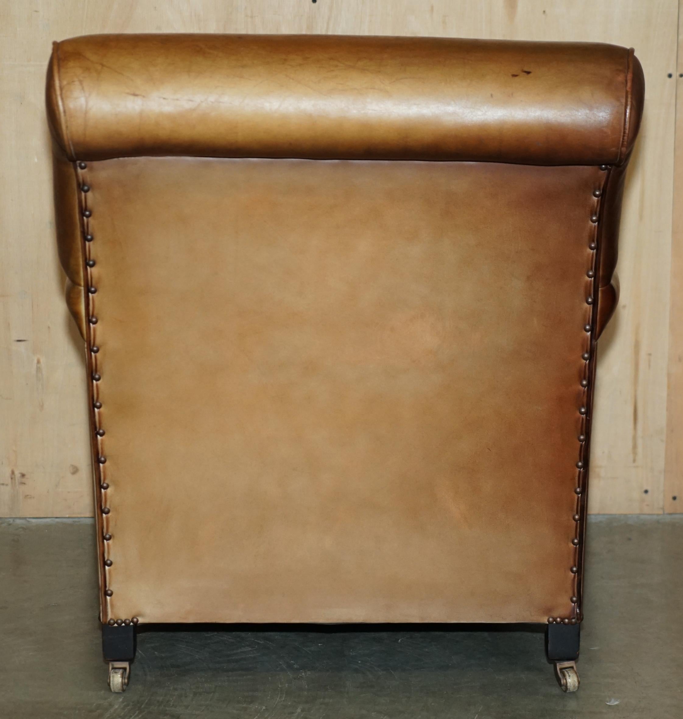 PAIR OF GEORGE SMITH BROWN LEATHER SiGNATURE SCROLL TARTAN CUSHIONS ARMCHAIRS in vendita 6
