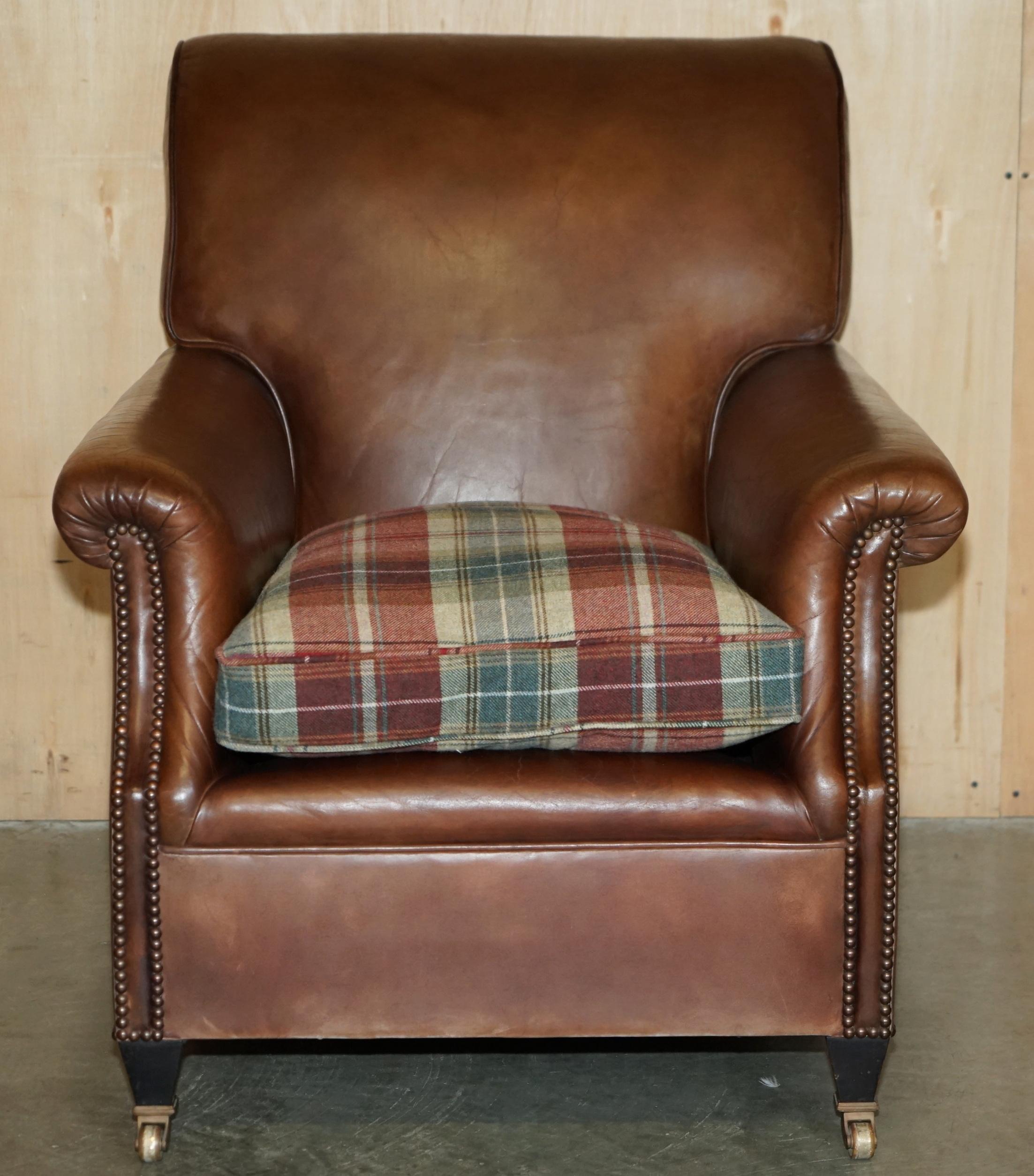 PAIR OF GEORGE SMITH BROWN LEATHER SiGNATURE SCROLL TARTAN CUSHIONS ARMCHAIRS in vendita 8