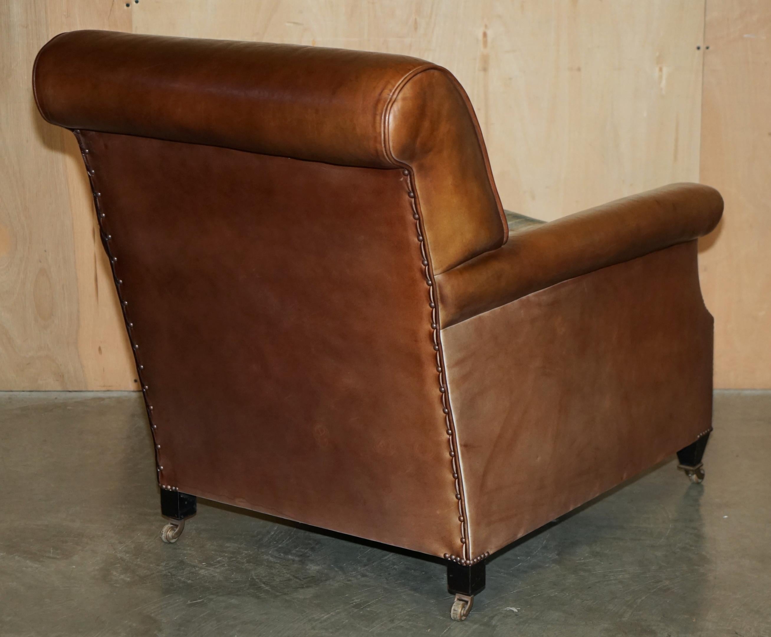 PAIR OF GEORGE SMITH BROWN LEATHER SiGNATURE SCROLL TARTAN CUSHIONS ARMCHAIRS in vendita 12
