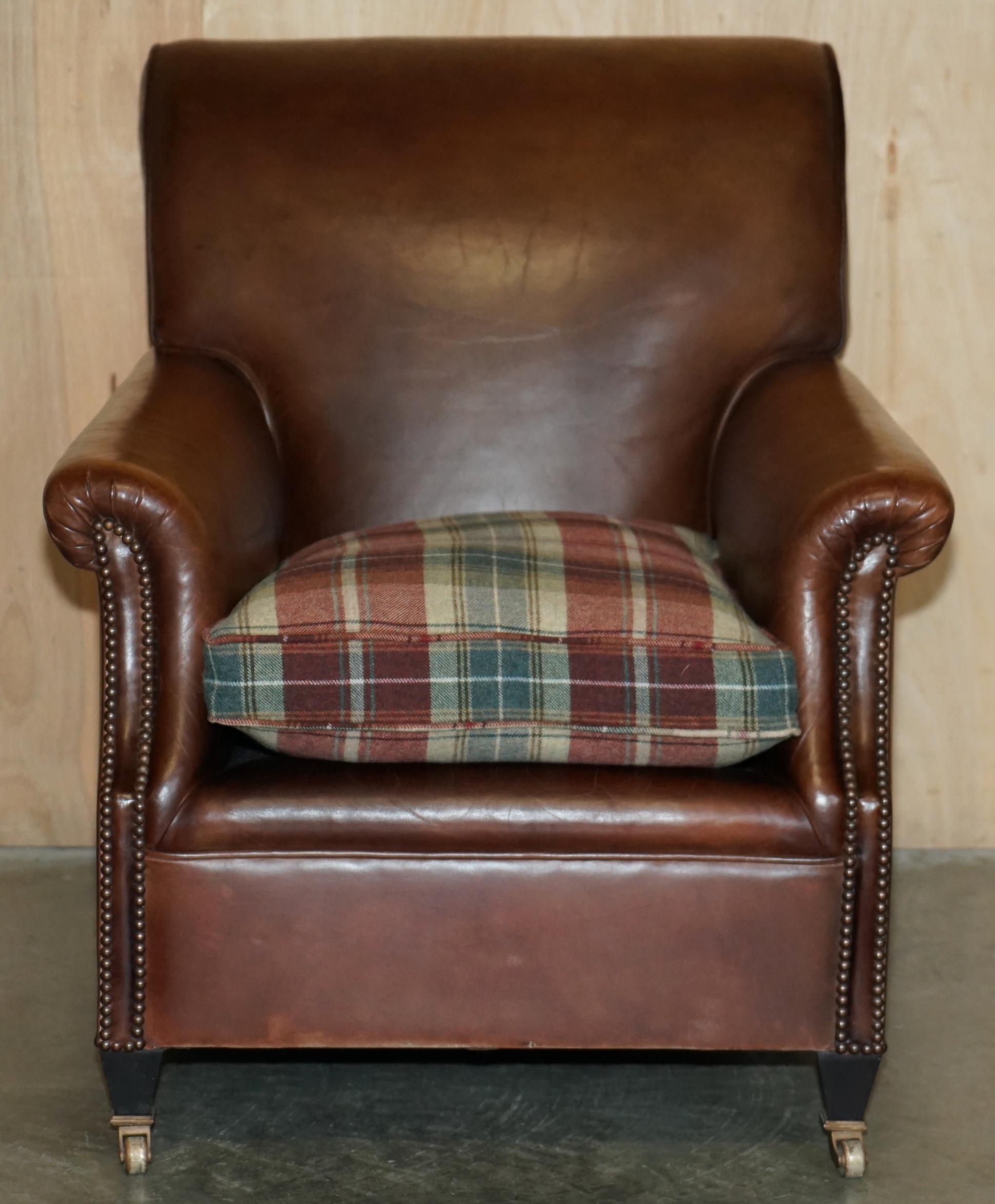 Country PAIR OF GEORGE SMITH BROWN LEATHER SiGNATURE SCROLL TARTAN CUSHIONS ARMCHAIRS in vendita