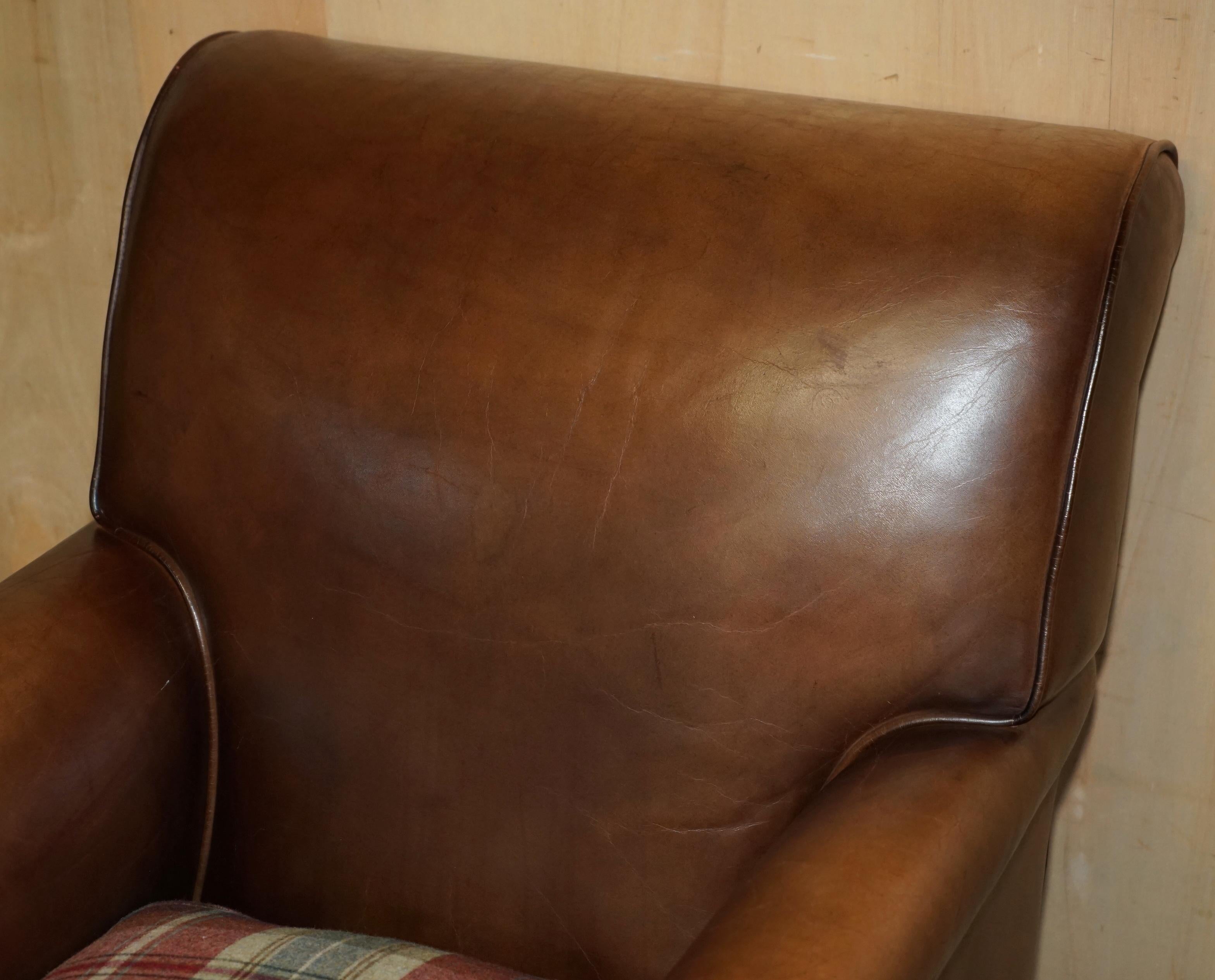 Inglese PAIR OF GEORGE SMITH BROWN LEATHER SiGNATURE SCROLL TARTAN CUSHIONS ARMCHAIRS in vendita