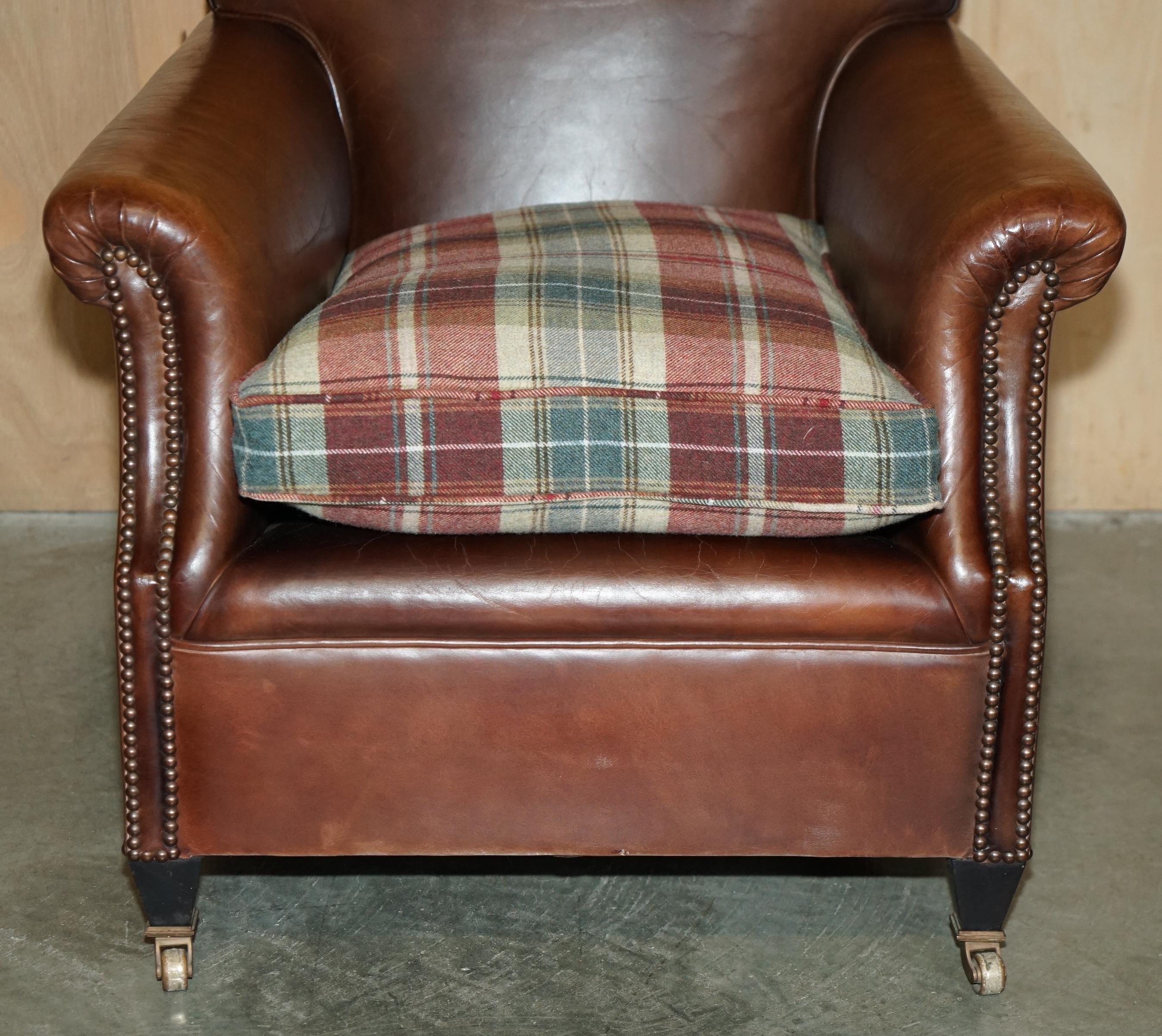 XX secolo PAIR OF GEORGE SMITH BROWN LEATHER SiGNATURE SCROLL TARTAN CUSHIONS ARMCHAIRS in vendita
