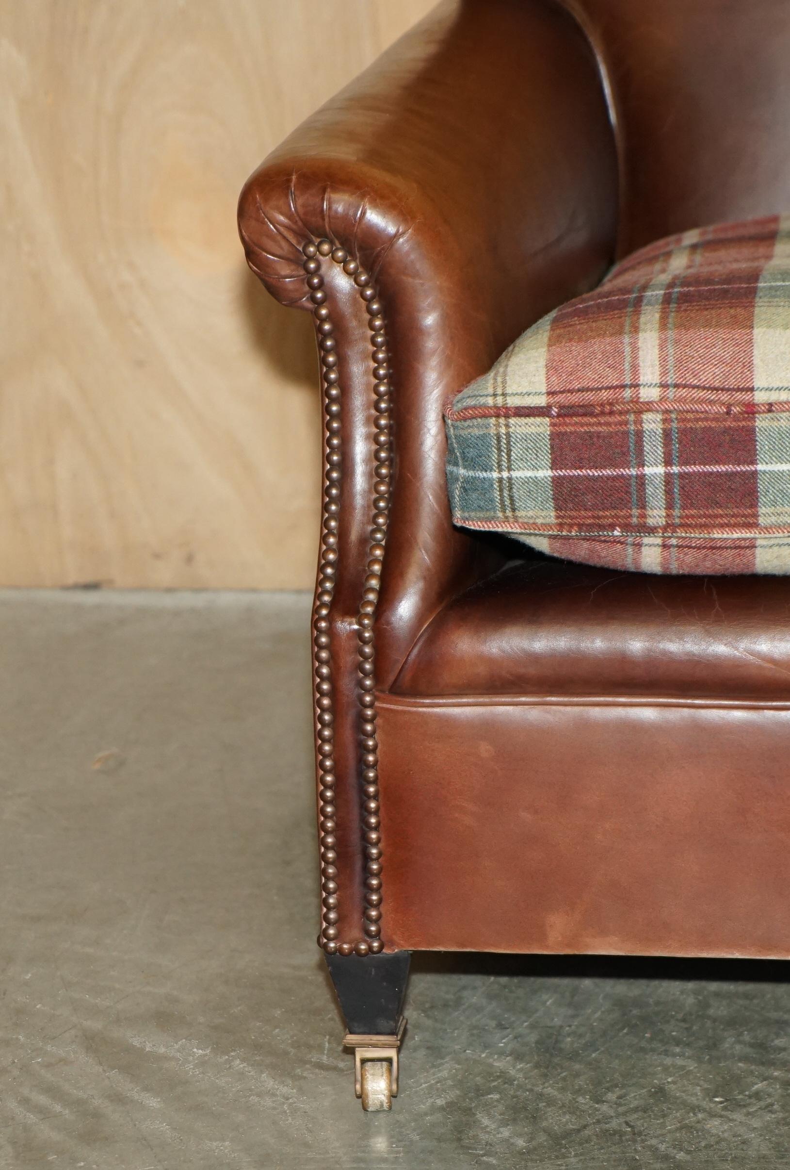 Pelle PAIR OF GEORGE SMITH BROWN LEATHER SiGNATURE SCROLL TARTAN CUSHIONS ARMCHAIRS in vendita