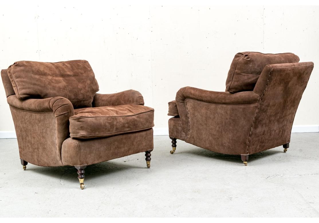 Hollywood Regency Pair Of George Smith Brown Suede Leather Signature Lounge Chairs For Sale