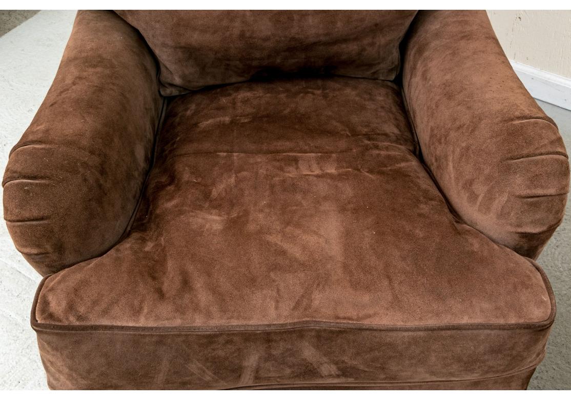 Pair Of George Smith Brown Suede Leather Signature Lounge Chairs In Distressed Condition For Sale In Bridgeport, CT