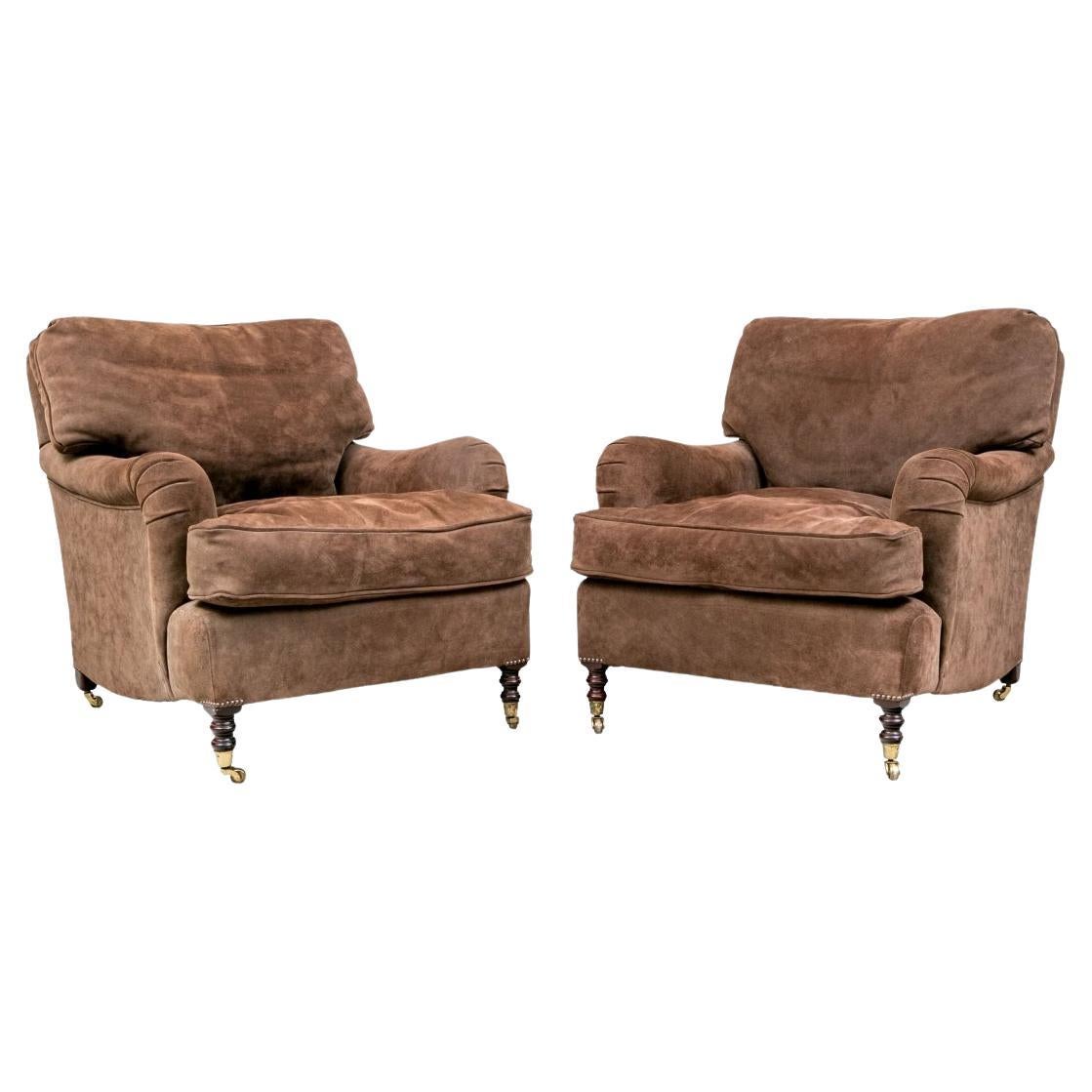 Pair Of George Smith Brown Suede Leather Signature Lounge Chairs For Sale