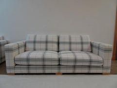Pair of George Smith Handmade English Sofas in Off-White Plaid Upholstery