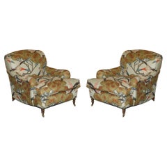 PAIR OF GEORGE SMITH HOWARD SIGNATURE SCROLL ARM MULBERRY FLYING DUCKS ARMCHAiRS