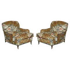 Vintage PAIR OF GEORGE SMITH HOWARD SIGNATURE SCROLL ARM MULBERRY FLYING DUCKS ARMCHAiRS