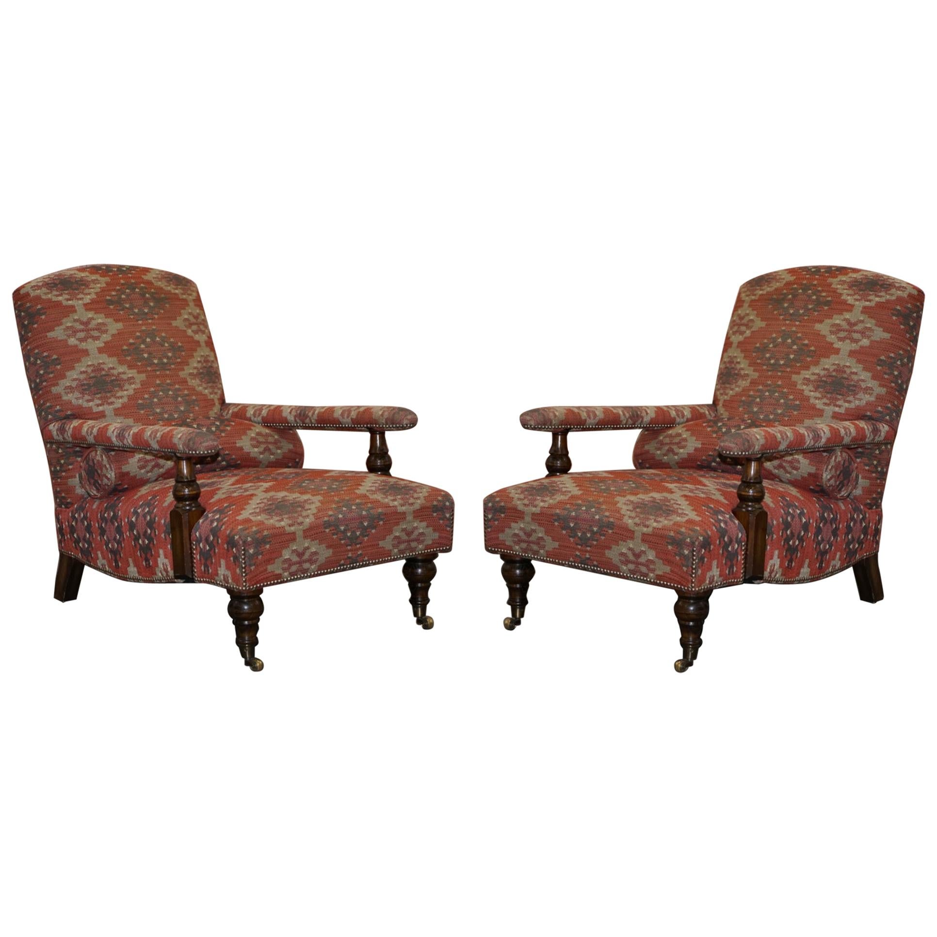 Pair of George Smith Kilim Upholstered Edwardian Library Armchairs