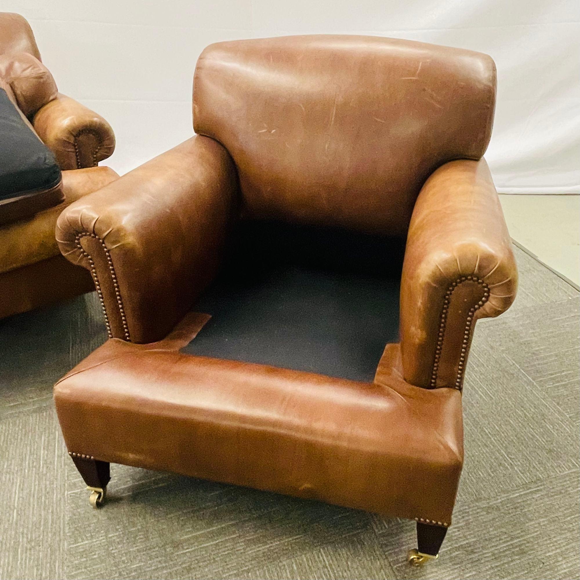 Pair of George Smith Leather Upholstered Armchairs, Scroll Arm or Cigar 6