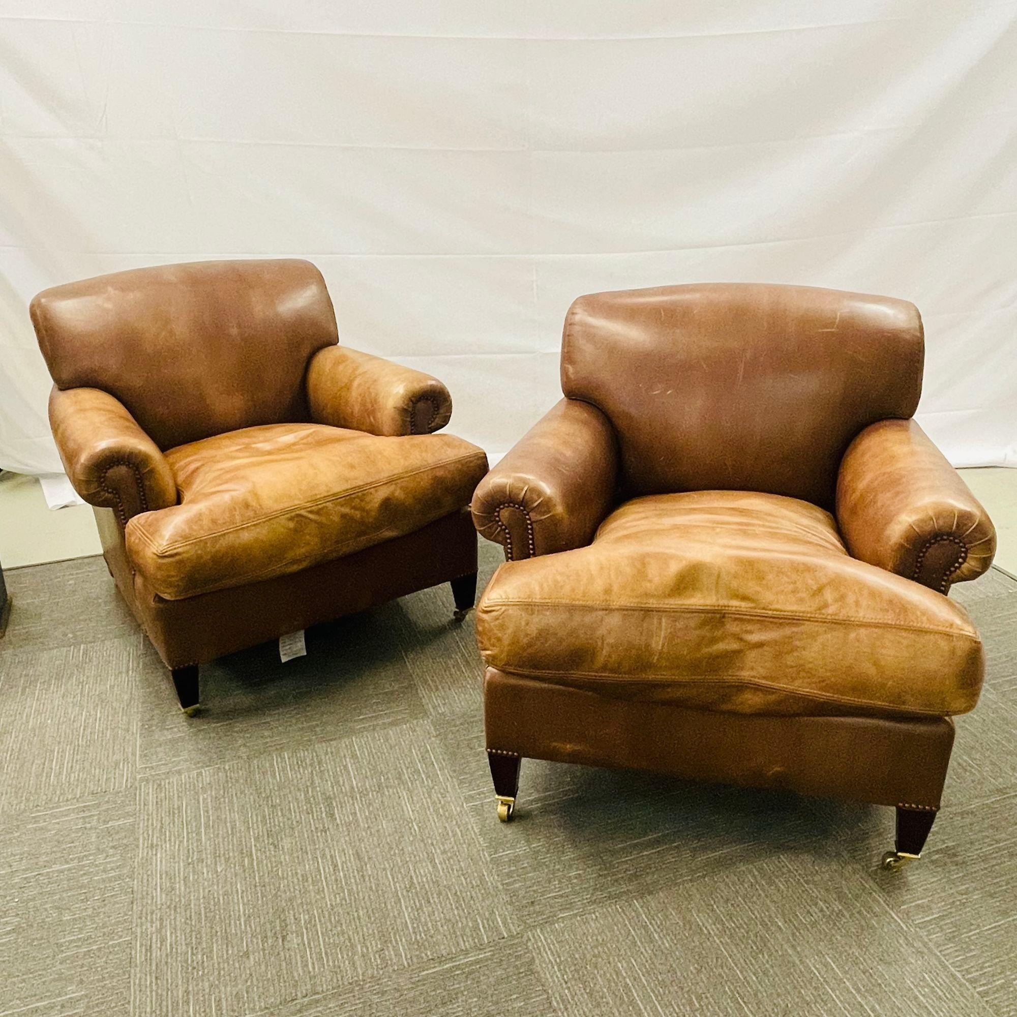 Art Deco Pair of George Smith Leather Upholstered Armchairs, Scroll Arm or Cigar