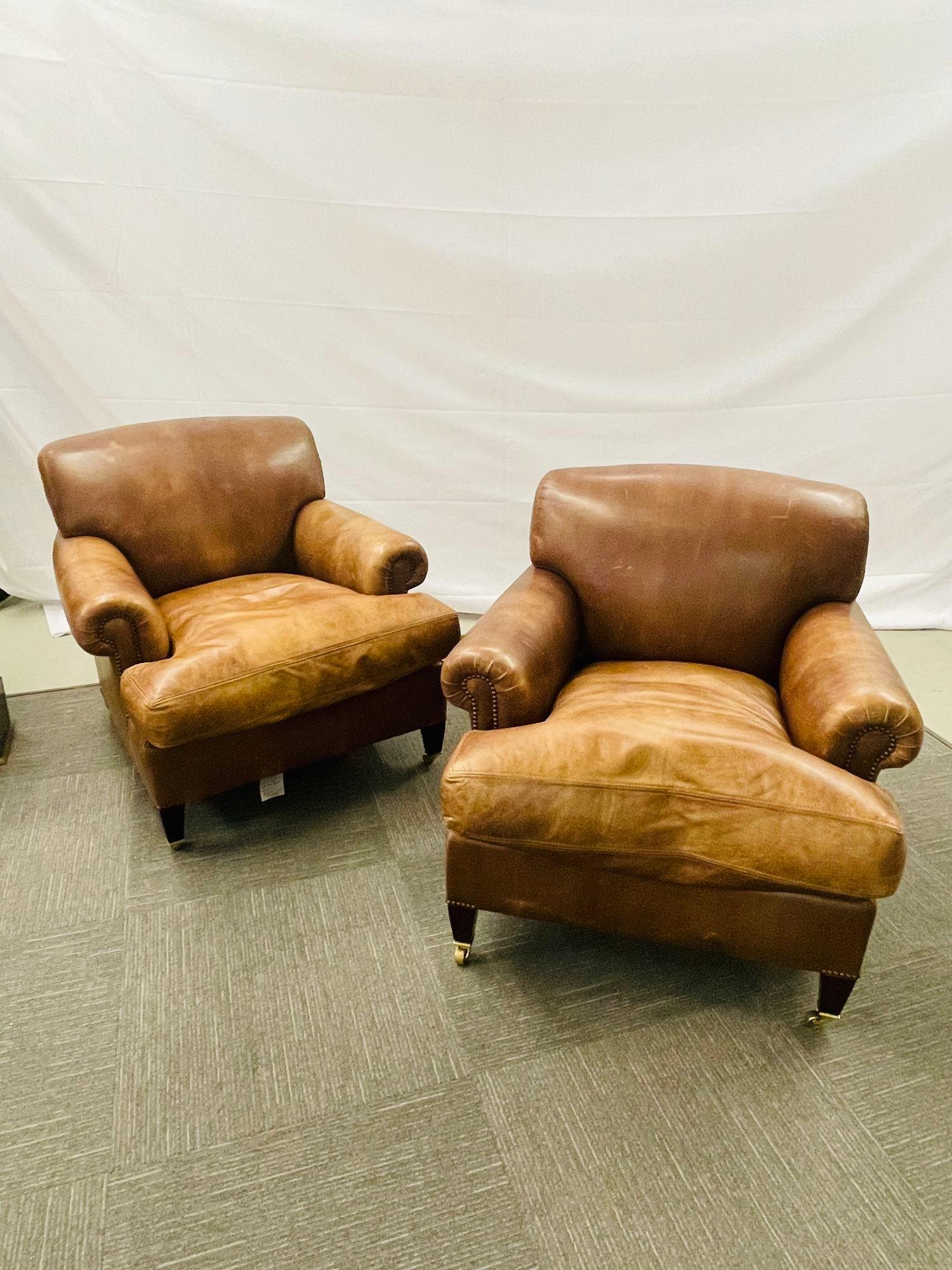 English Pair of George Smith Leather Upholstered Armchairs, Scroll Arm or Cigar