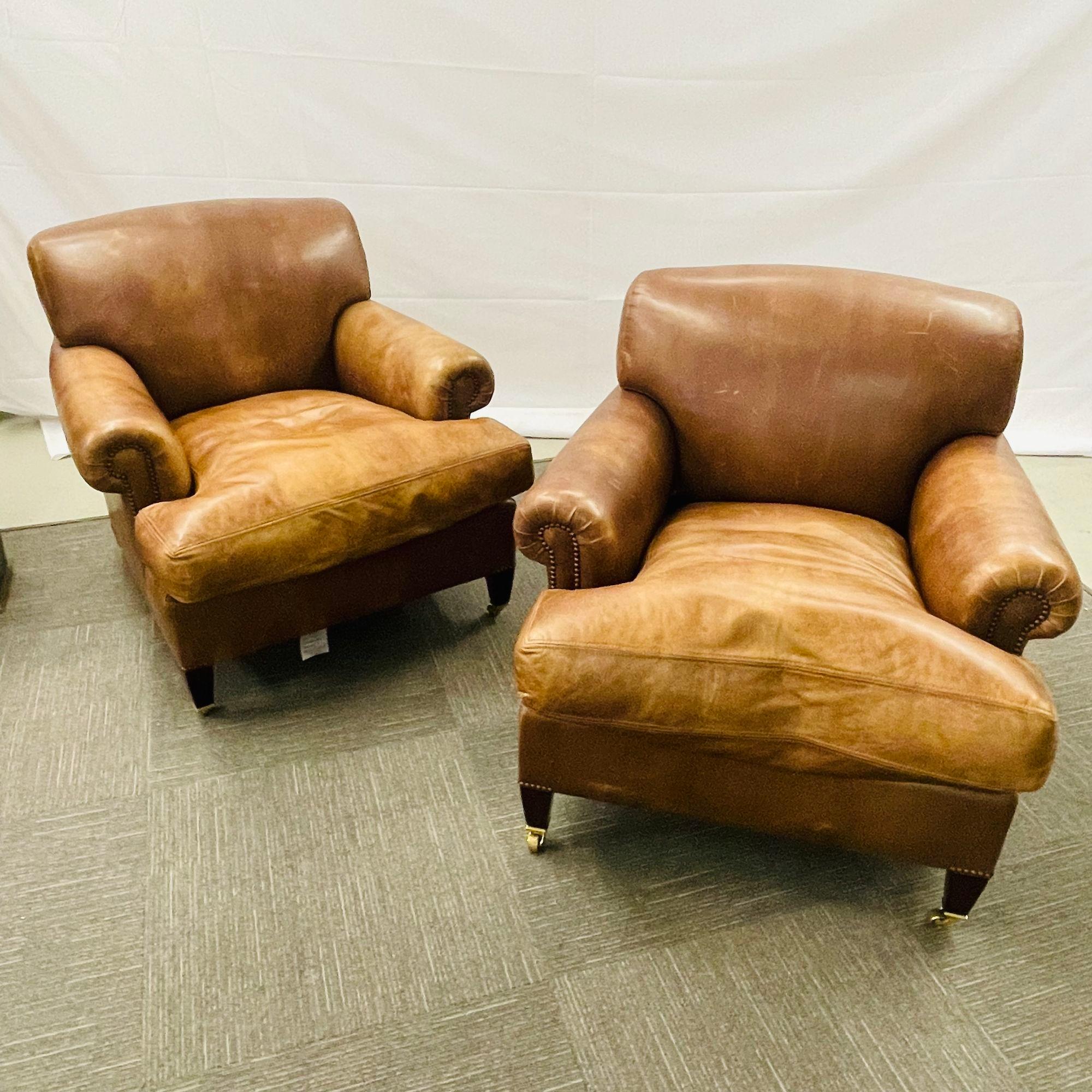Pair of George Smith Leather Upholstered Armchairs, Scroll Arm or Cigar In Good Condition In Stamford, CT