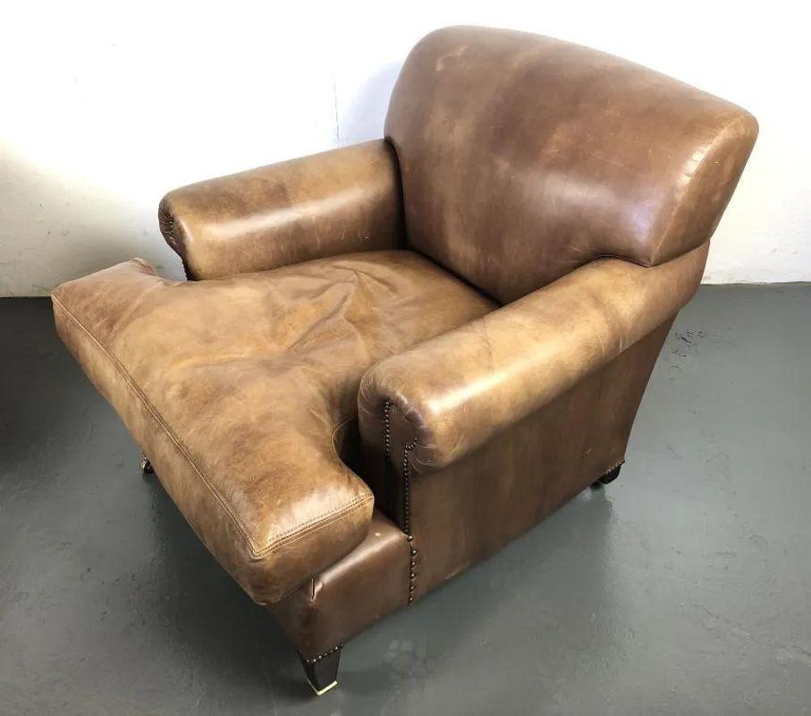 Contemporary Pair of George Smith Leather Upholstered Armchairs, Scroll Arm or Cigar
