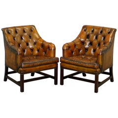 Coppia di poltrone georgiane in pelle marrone restaurate George Smith Desk