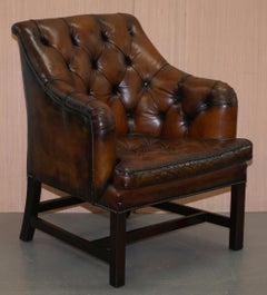 Pareja de sillones George Smith de cuero marrón restaurados Escritorio