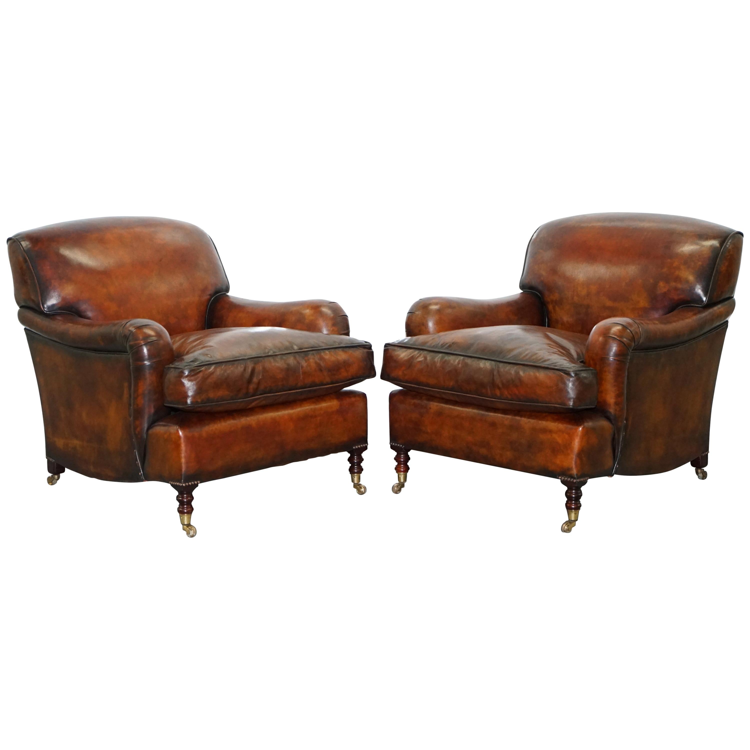 Pair of George Smith Signature Howard Cigar Brown Leather Armchairs