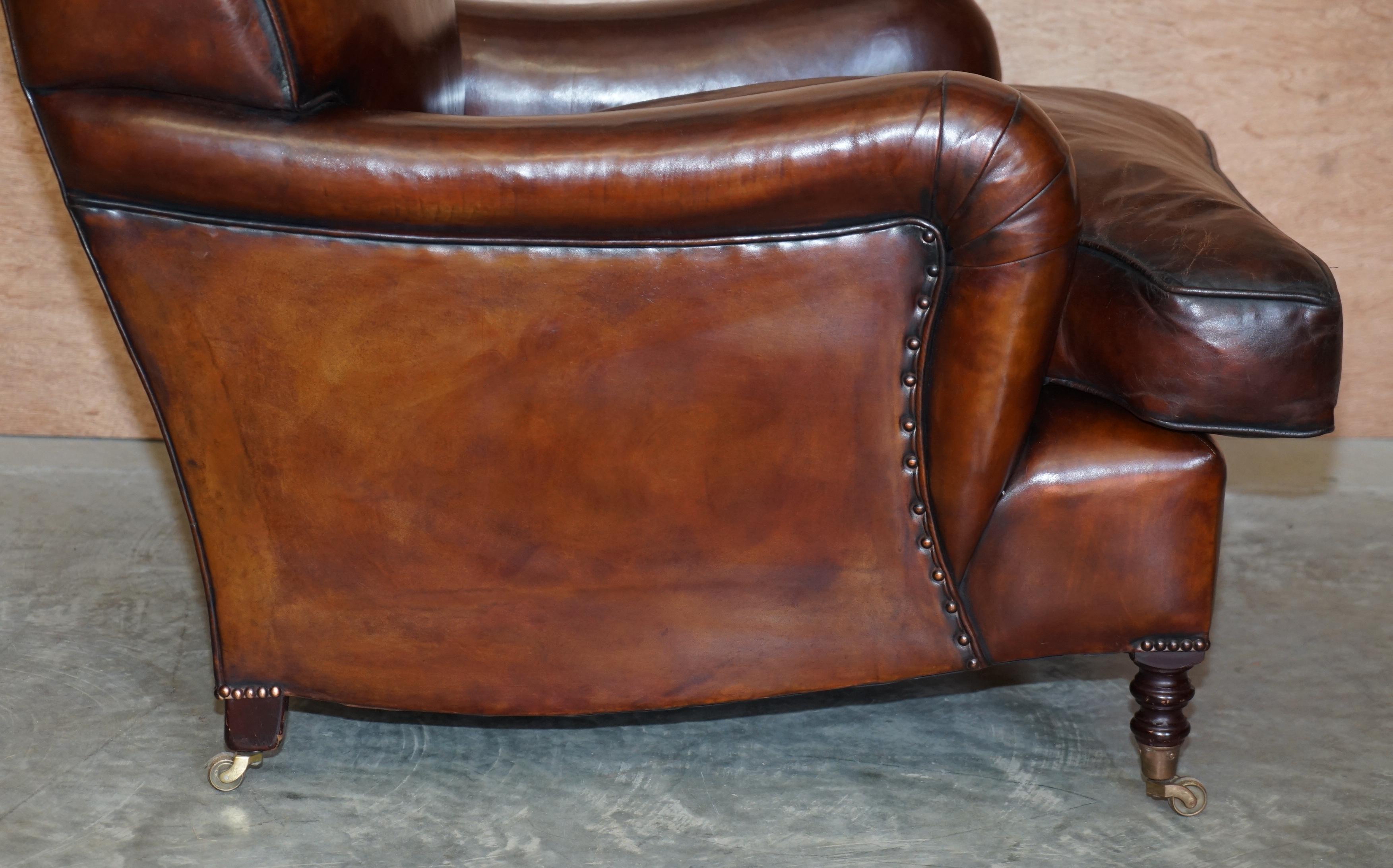 Pair of George Smith Signature Scroll Arm Hand Dyed Brown Leather Armchairs 9