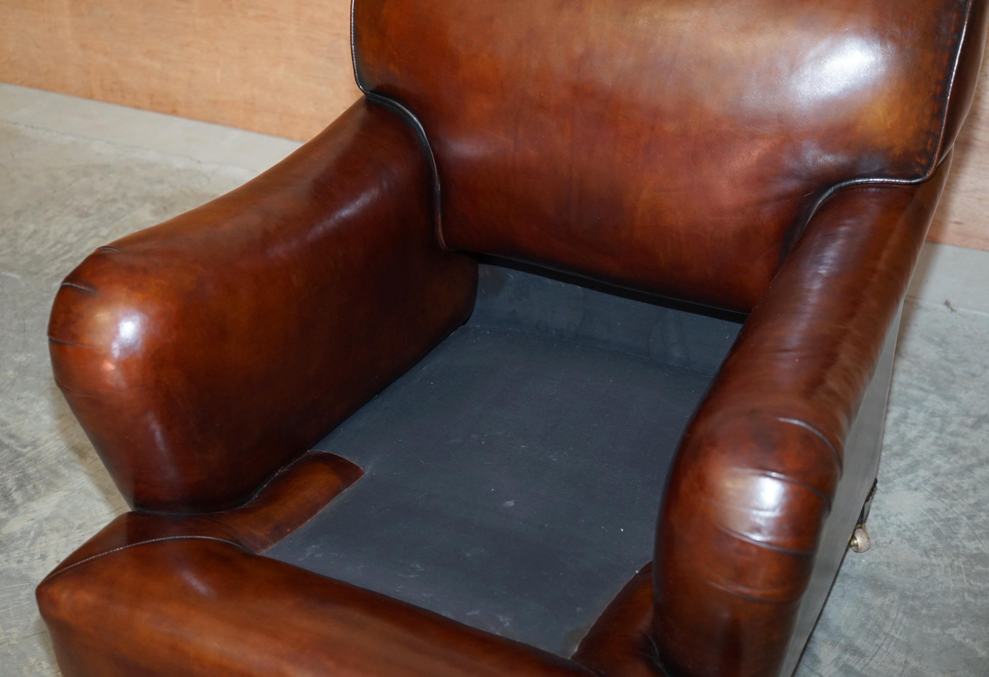 Pair of George Smith Signature Scroll Arm Hand Dyed Brown Leather Armchairs 12