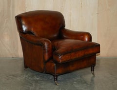 Pair of George Smith Signature Scroll Arm Hand Dyed Brown Leather Armchairs