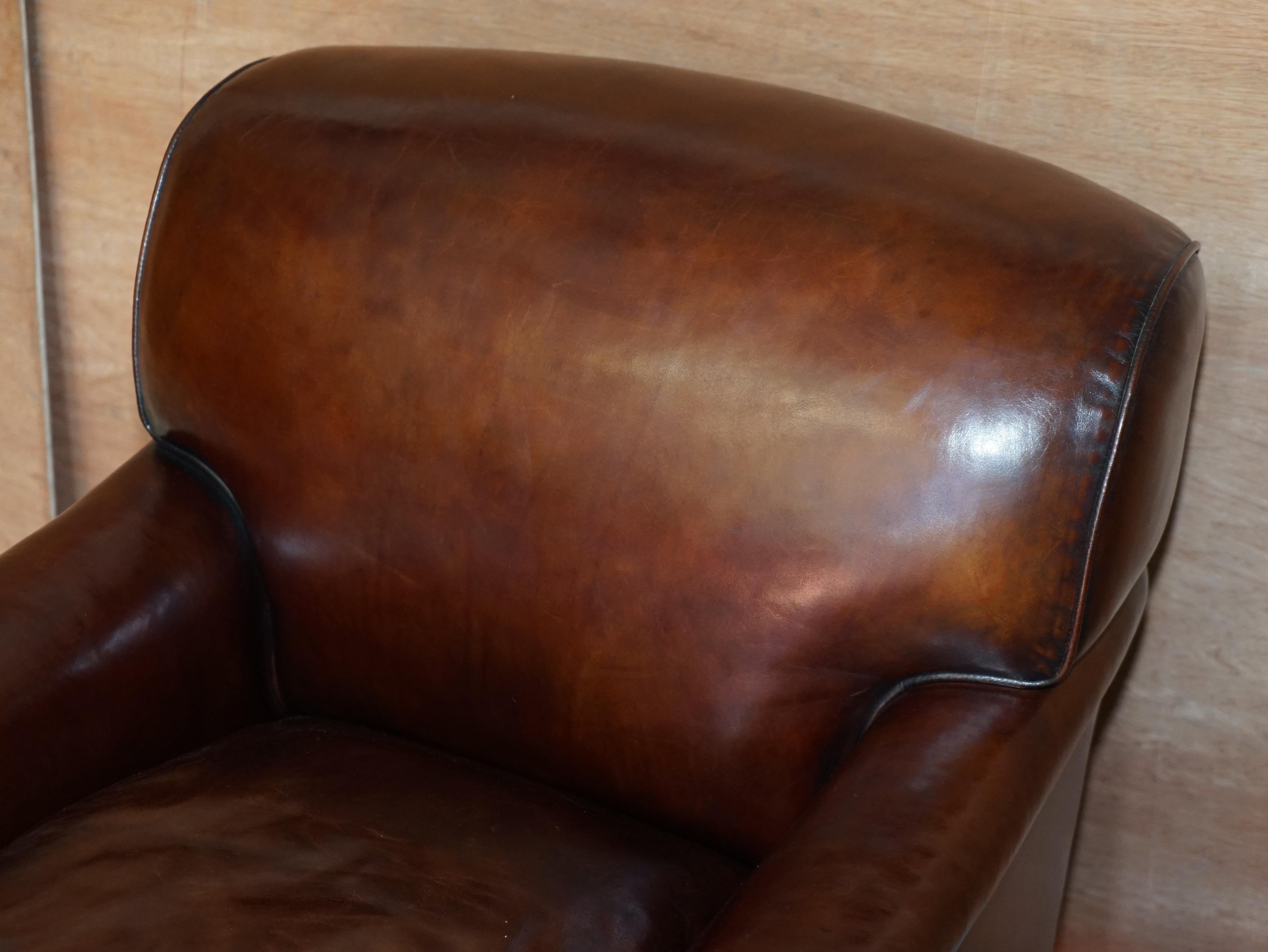 English Pair of George Smith Signature Scroll Arm Hand Dyed Brown Leather Armchairs