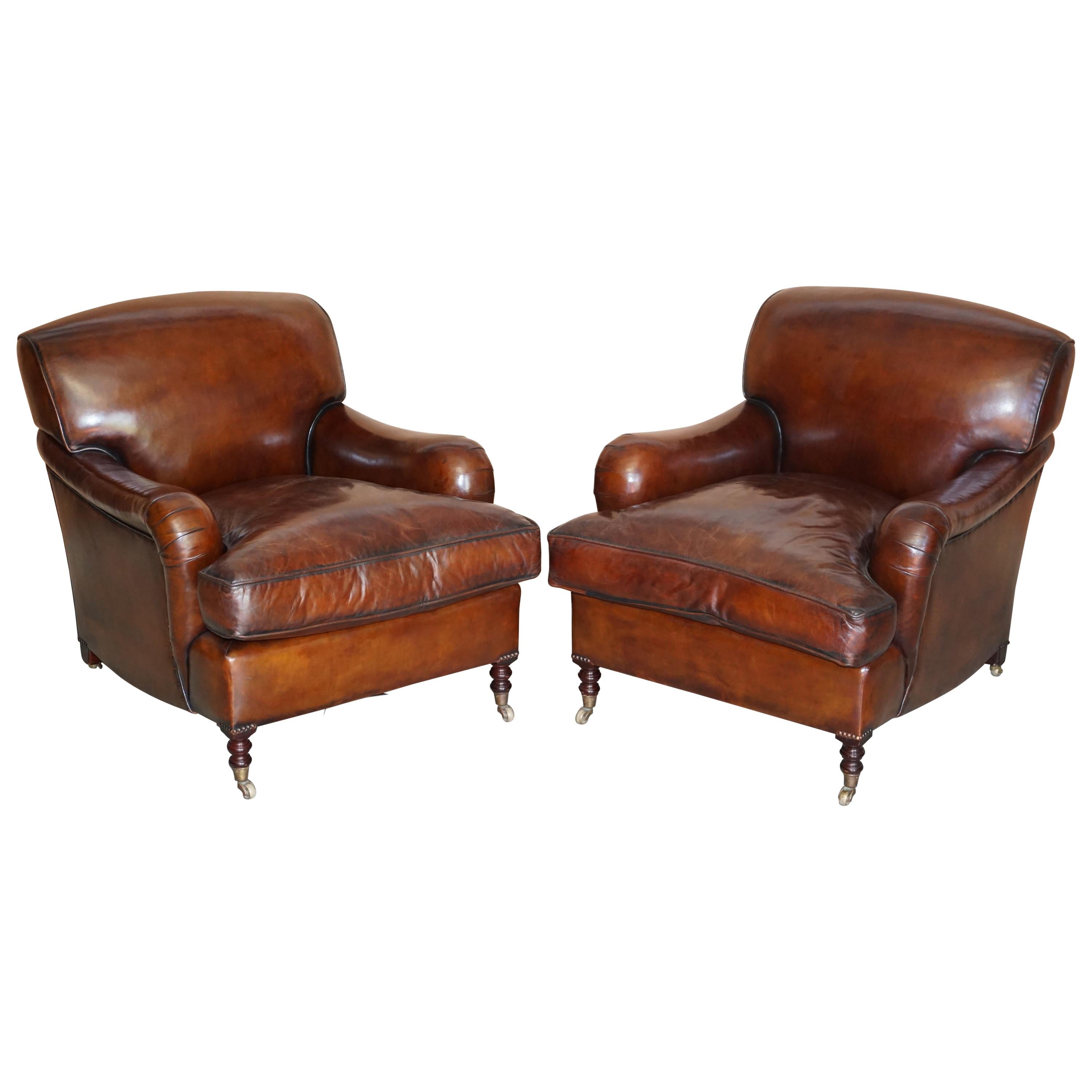 Pair of George Smith Signature Scroll Arm Hand Dyed Brown Leather Armchairs
