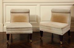Pair of George Smith Slipper Chairs with Rolled Backs on Casters